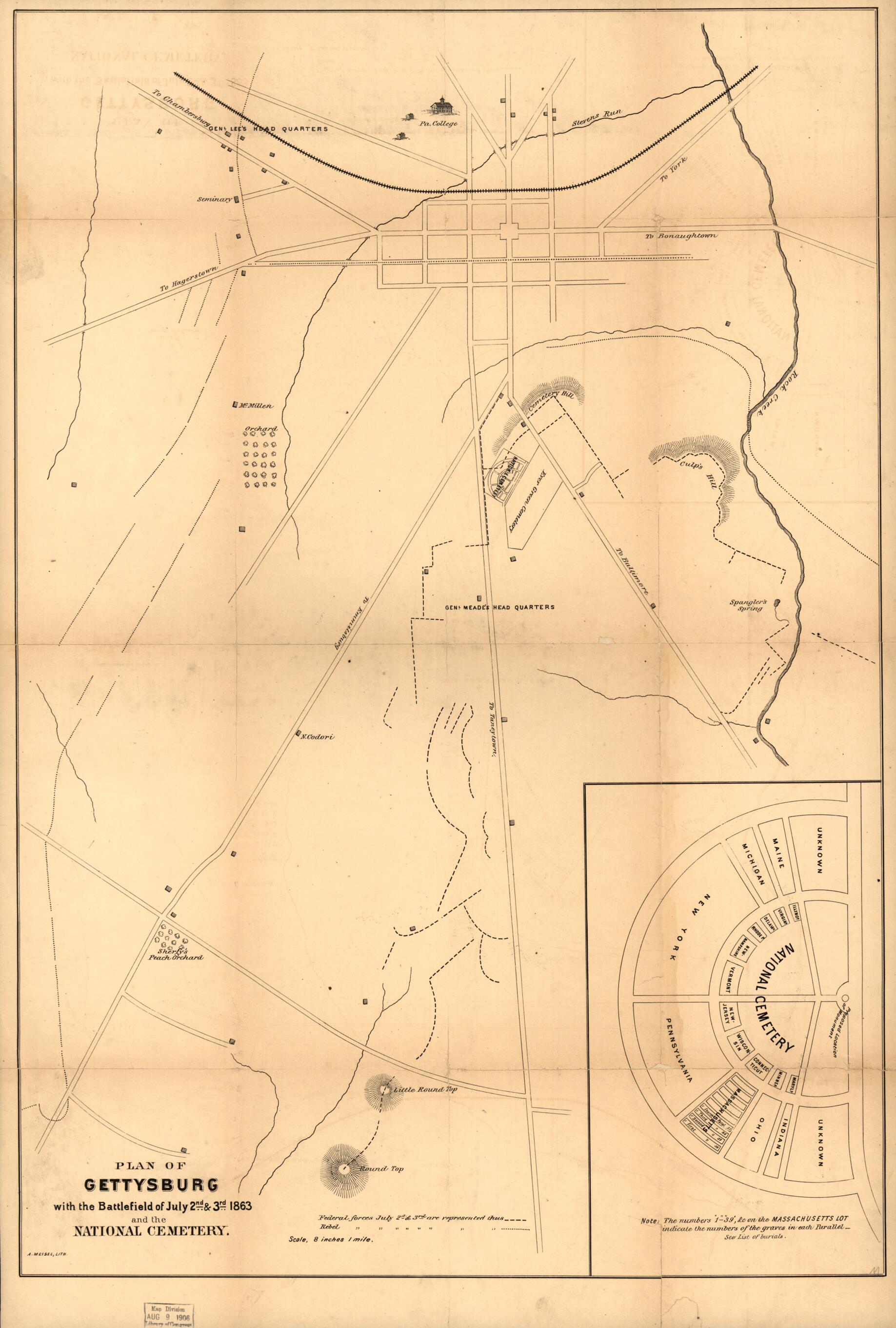This old map of Plan of Gettysburg With the Battlefield of July 2nd & 3rd, 1863 and the National Cemetery from 1800 was created by Augustus Meisel in 1800