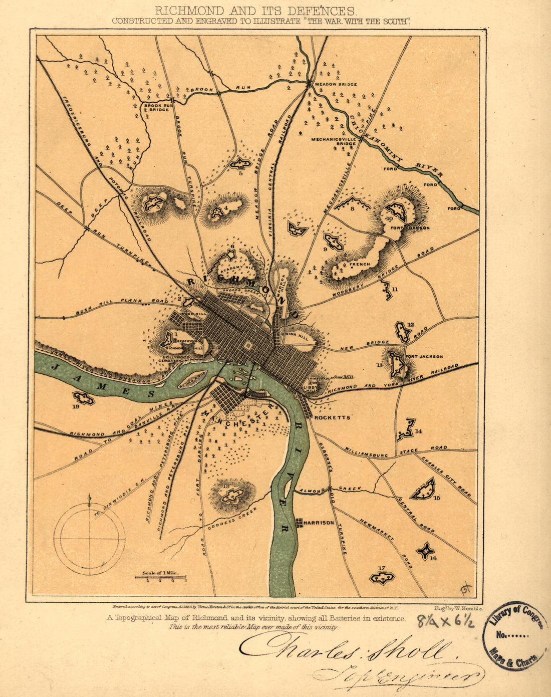 This old map of Richmond and Its Defences. Constructed and Engraved to Illustrate The War With the South from 1863 was created by Charles Sholl in 1863