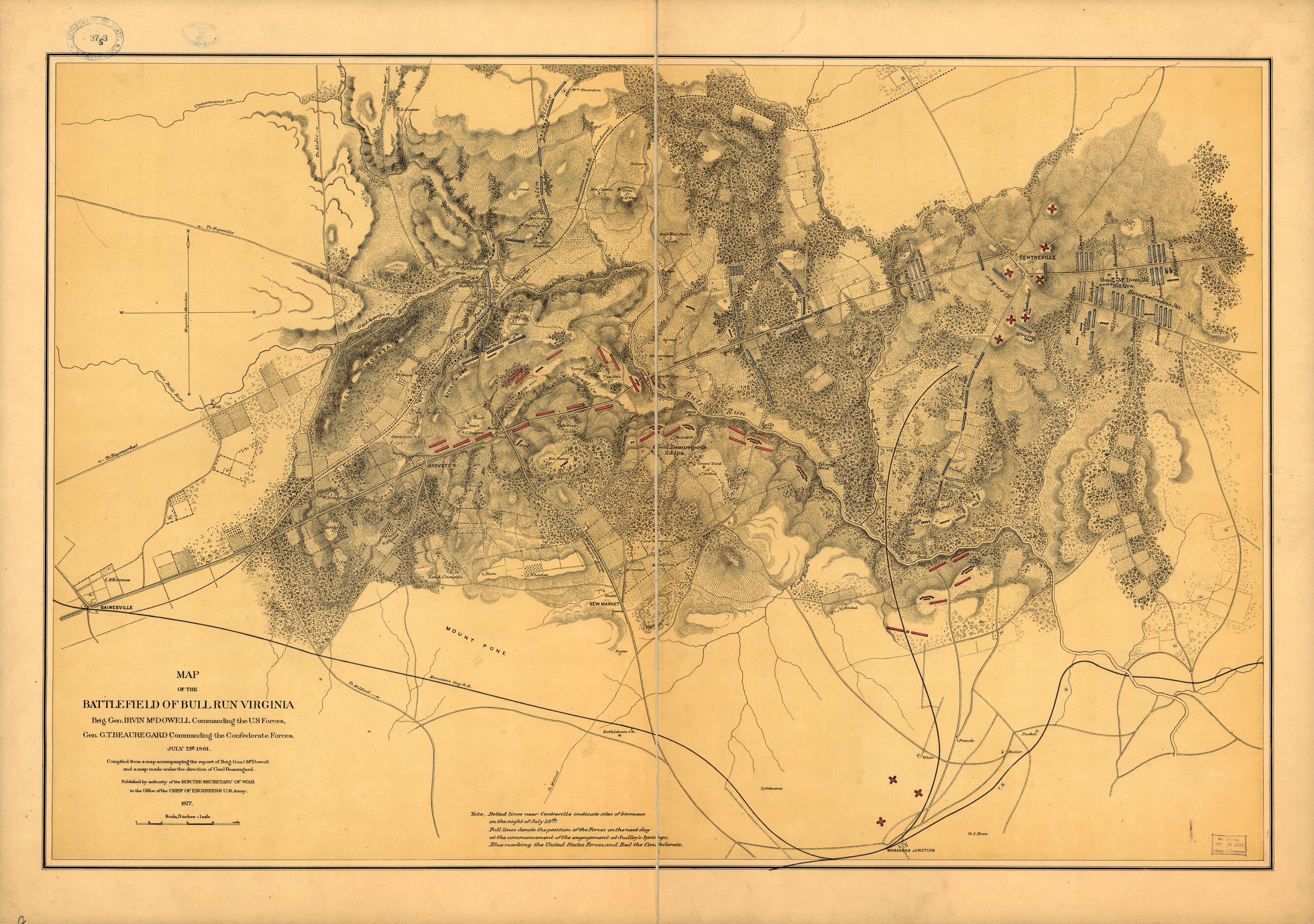 This old map of Map of the Battlefield of Bull Run, Virginia. Brig. Gen. Irvin McDowell Commanding the U.S. Forces, Gen. P. G. T. Beauregard Commanding the Confederate Forces, July 21st 1861 from 1877 was created by United States. Army. Corps of Enginee