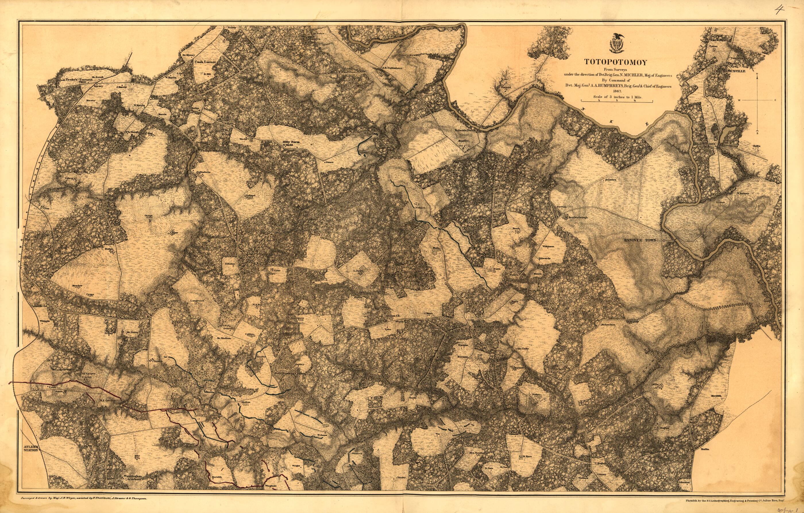 This old map of Totopotomoy 1864 from 1867 was created by N. (Nathaniel) Michler, J.E. Myers, J. Strasser, F. Theilkuhl, Gilbert Thompson, United States Army of the Potomac in 1867