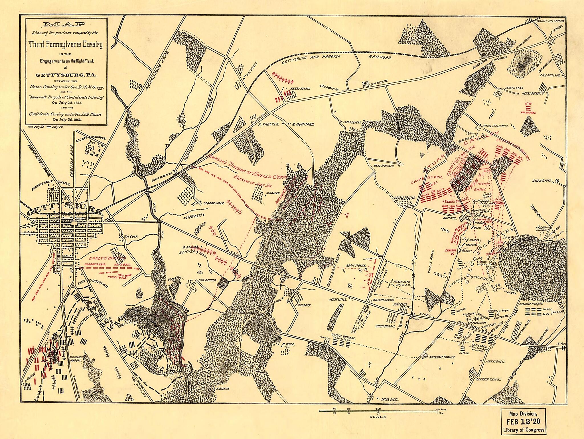 This old map of Map Showing the Positions Occupied by the Third Pennsylvania Cavalry In the Engagements On the Right Flank at Gettysburg, Pennsylvania, Between the Union Cavalry Under Gen. D. McM. Gregg and the Stonewall Brigade of Confederate Infantry O