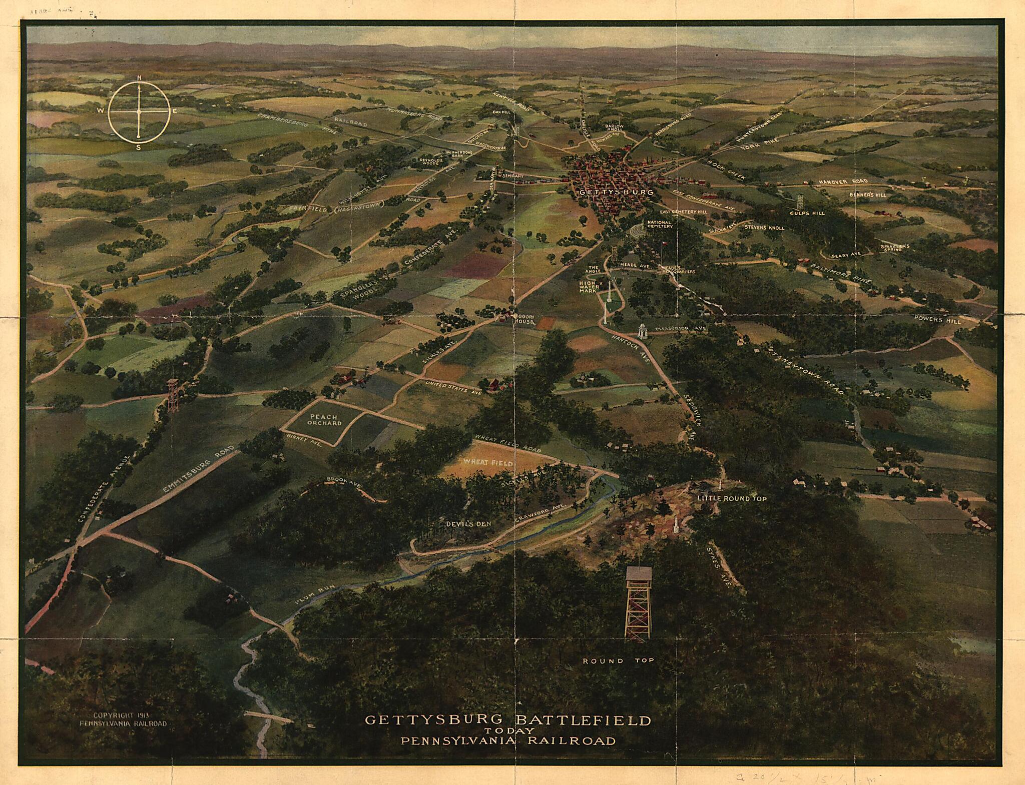 This old map of Gettysburg Battlefield Today. Pennsylvania Railroad from 1913 was created by Pennsylvania Railroad in 1913