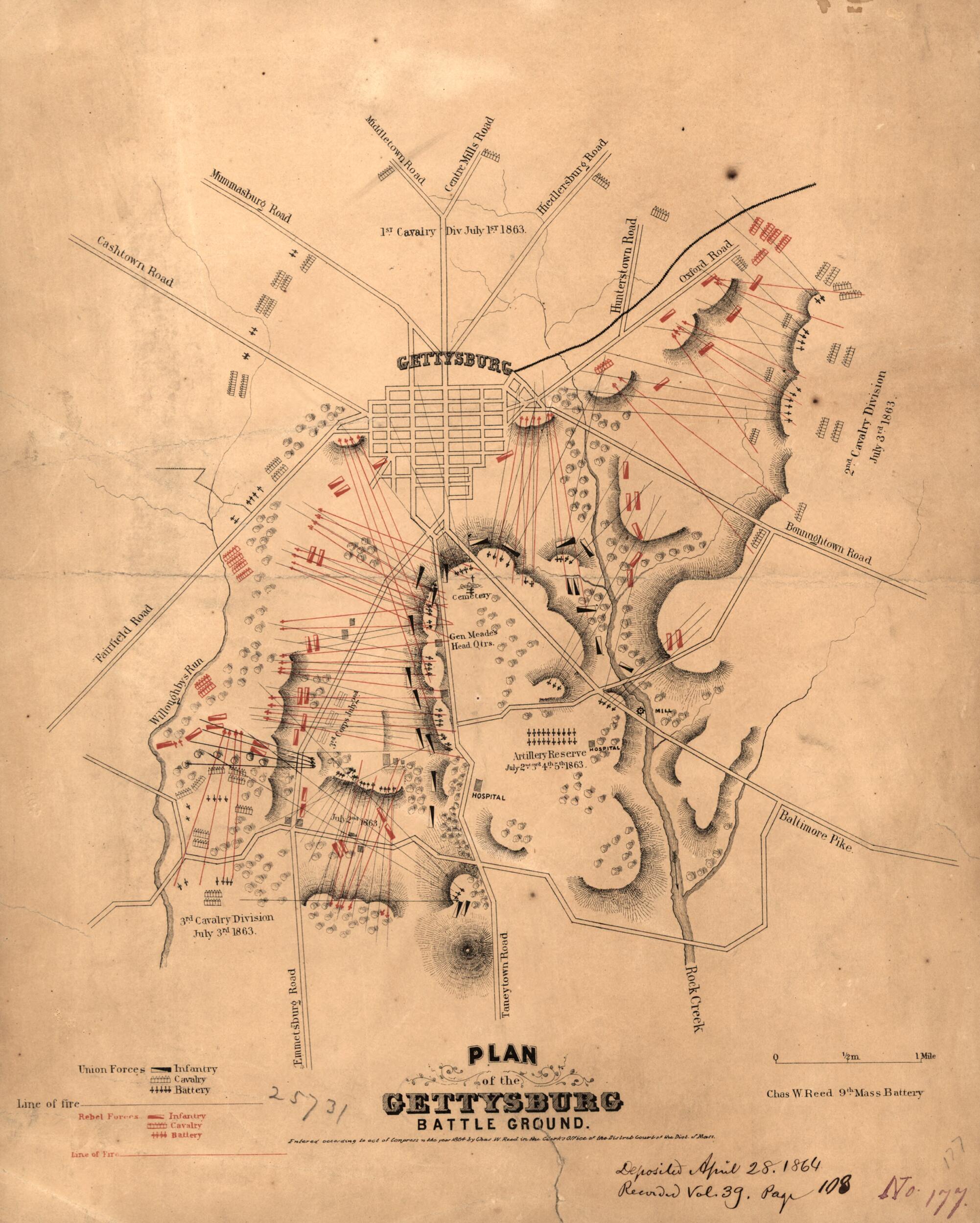 This old map of Plan of the Gettysburg Battle Ground from 1863 was created by Charles Wellington Reed in 1863