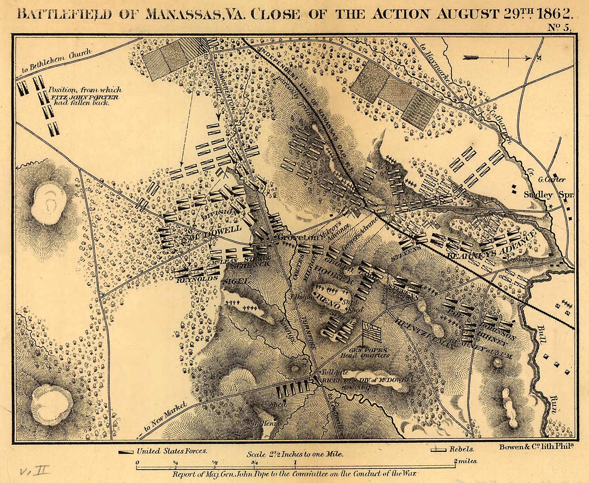 This old map of Battlefield of Manassas, Va. Close of the Action August 29th, 1862 from 1866 was created by John Pope in 1866
