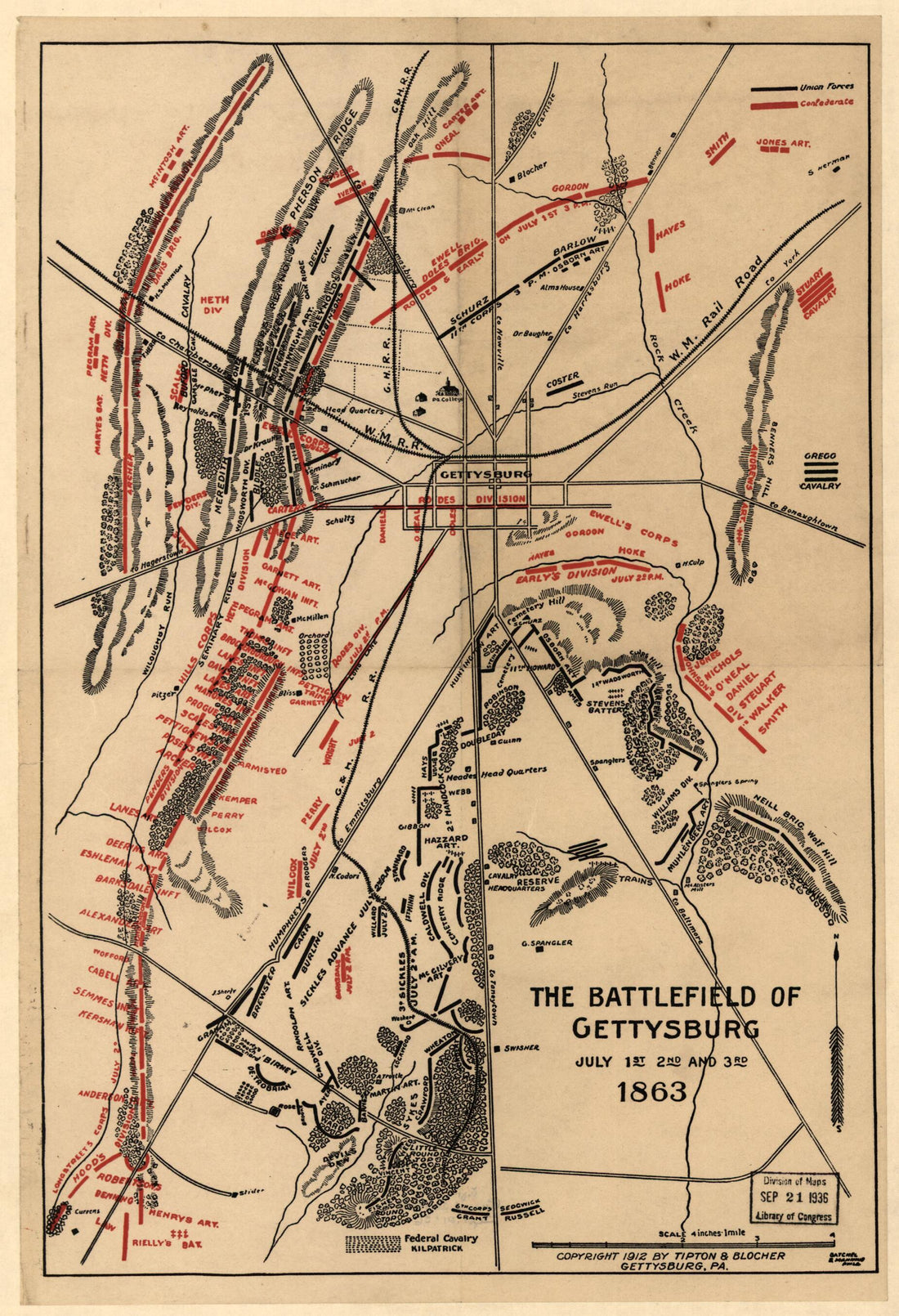 This old map of The Battlefield of Gettysburg, July 1st, 2nd and 3rd from 1863 was created by Tipton and Blocher in 1863