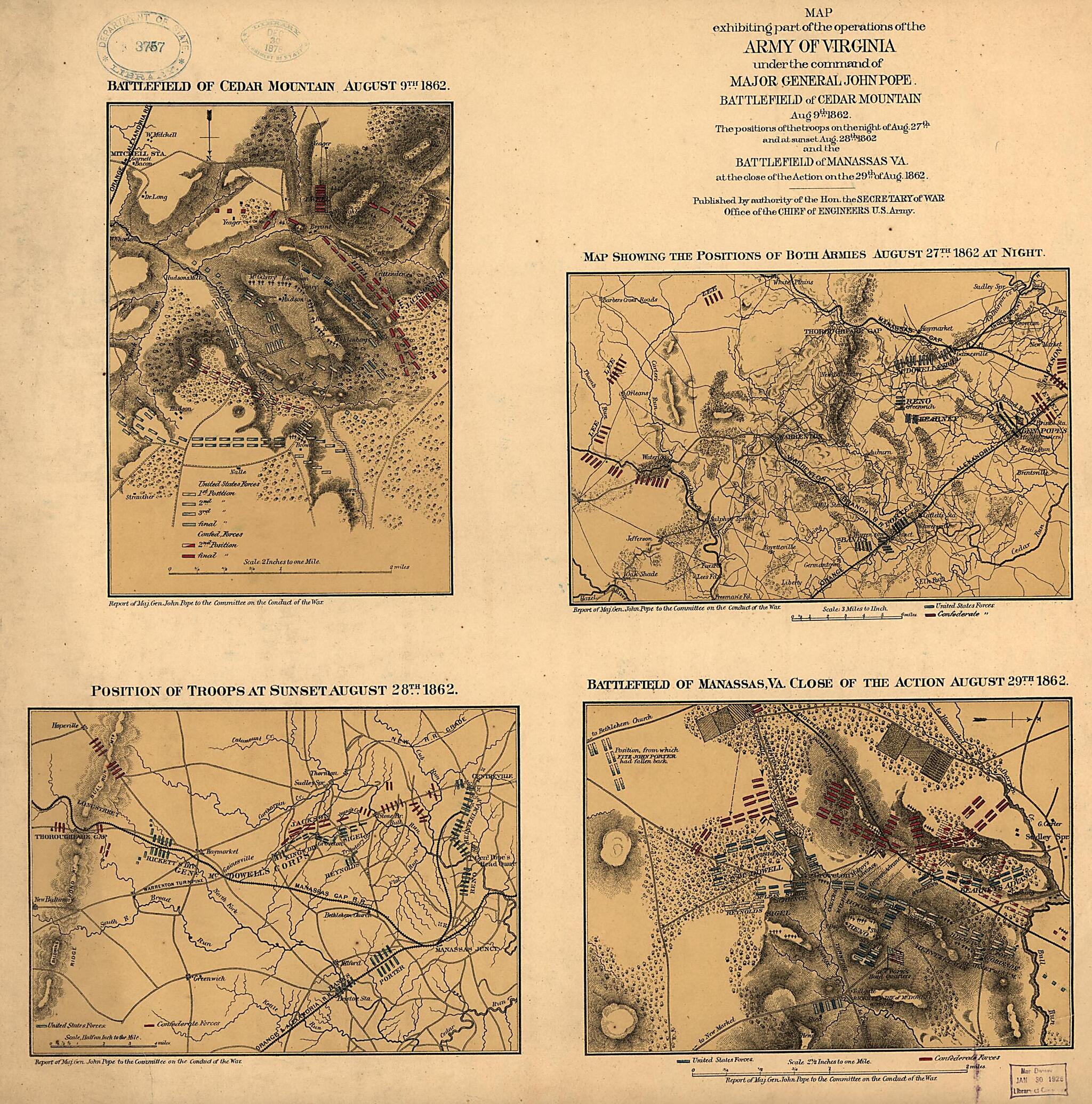This old map of Maps Exhibiting Part of the Operations of the Army of Virginia Under the Command of Major General John Pope. Battlefield of Cedar Mountain, Aug. 9th from 1862. the Positions of the Troops On the Night of Aug. 27th and at Sunset Aug. 28th
