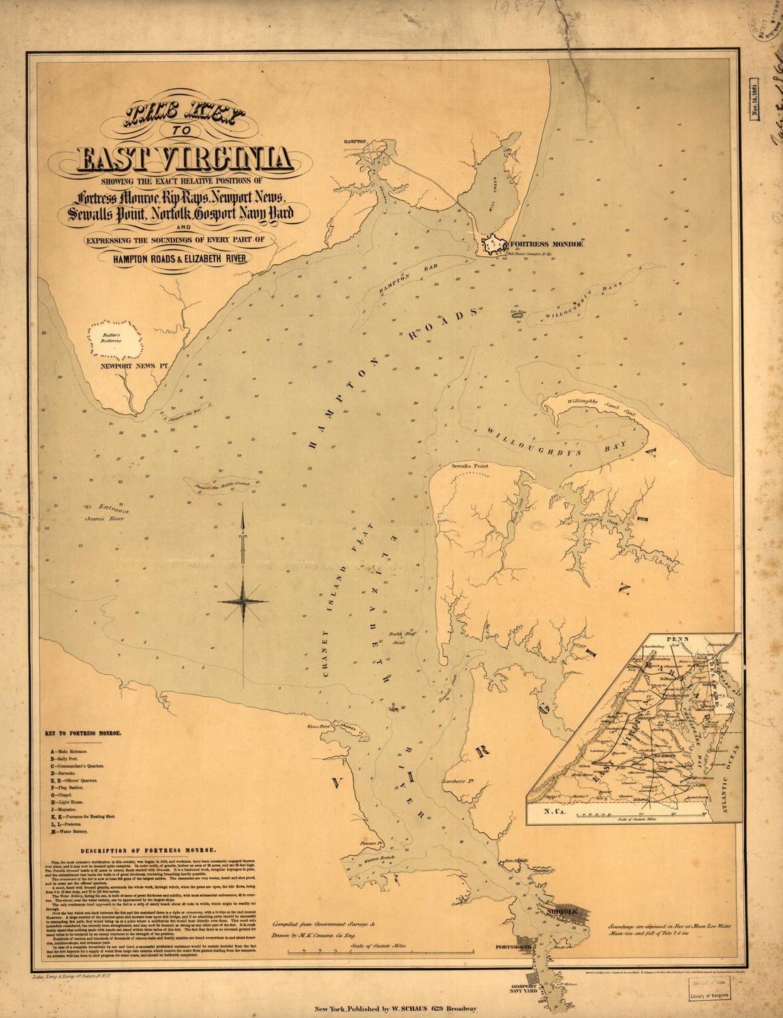 This old map of The Key to East Virginia Showing the Exact Relative Positions of Fortress Monroe, Rip Raps, Newport News, Sewalls sic Point, Norfolk, Gosport Navy Yard and Expressing the Soundings of Every Part of Hampton Roads & Elizabeth River from 186