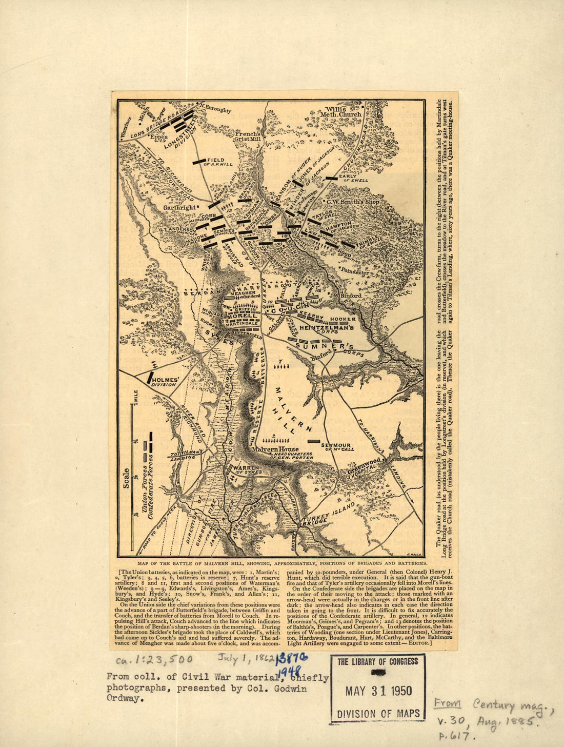 This old map of Map of the Battle of Malvern Hill, Showing, Approximately, Positions of Brigades and Batteries. July 1, 1862 from 1885 was created by Jacob Wells in 1885