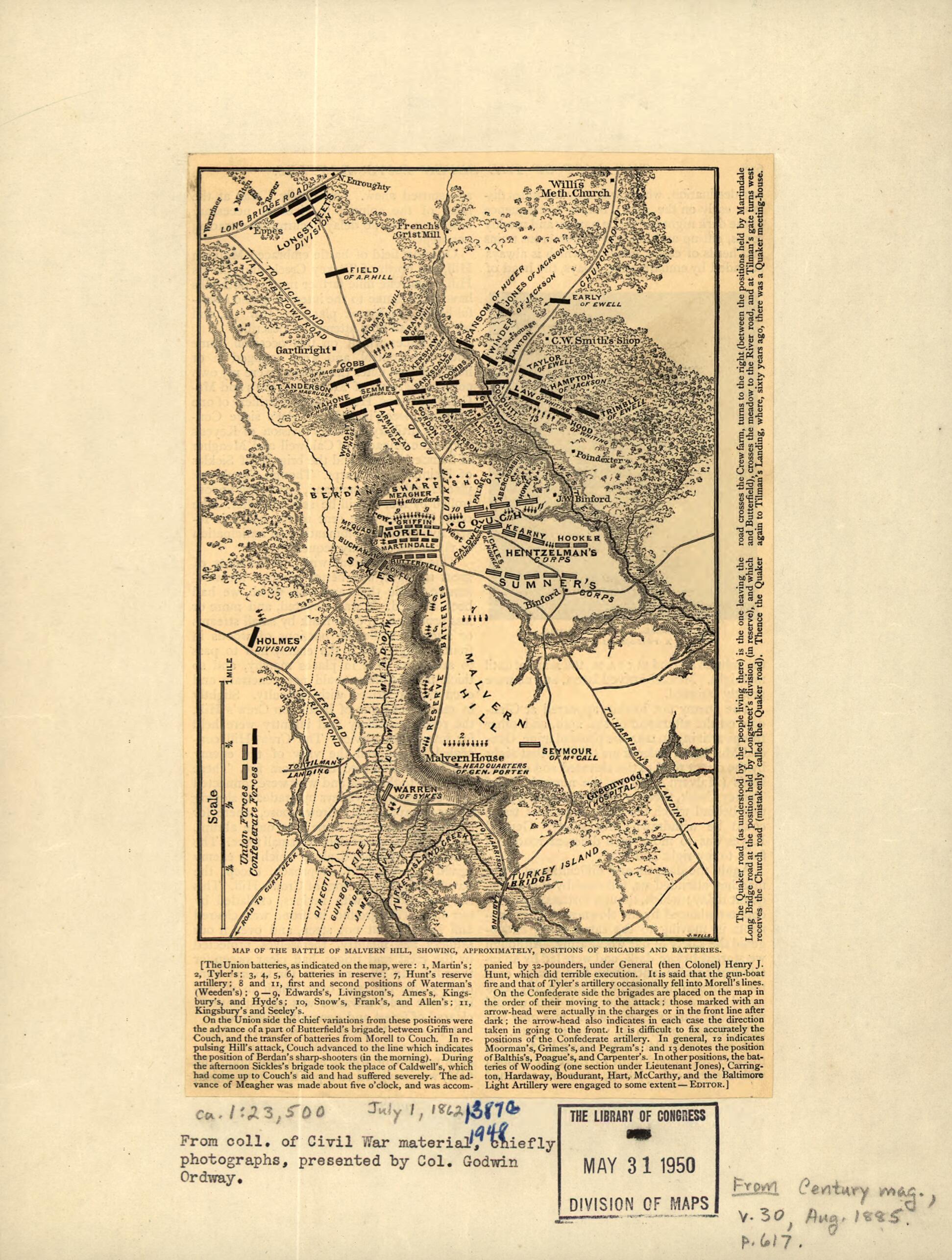 This old map of Map of the Battle of Malvern Hill, Showing, Approximately, Positions of Brigades and Batteries. July 1, 1862 from 1885 was created by Jacob Wells in 1885