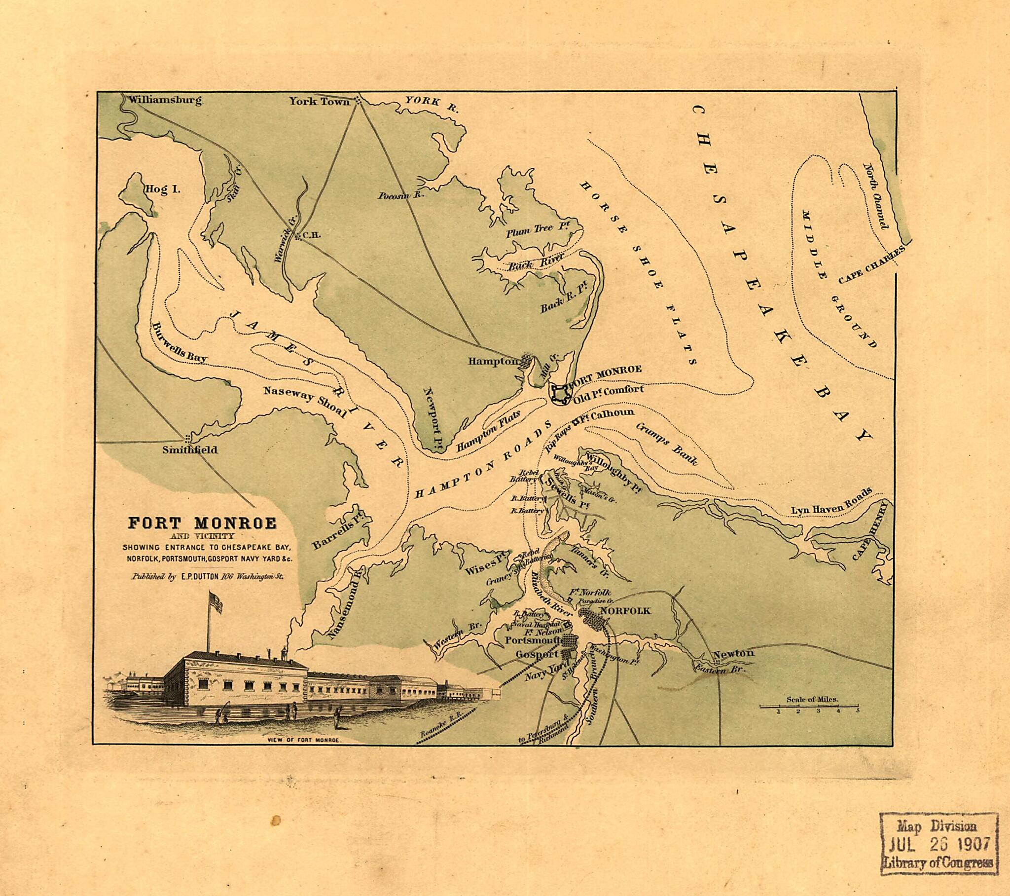 This old map of Fort Monroe and Vicinity Showing Entrance to Chesapeake Bay, Norfolk, Portsmouth, Gosport Navy Yard &c from 1860 was created by E. P. Dutton in 1860