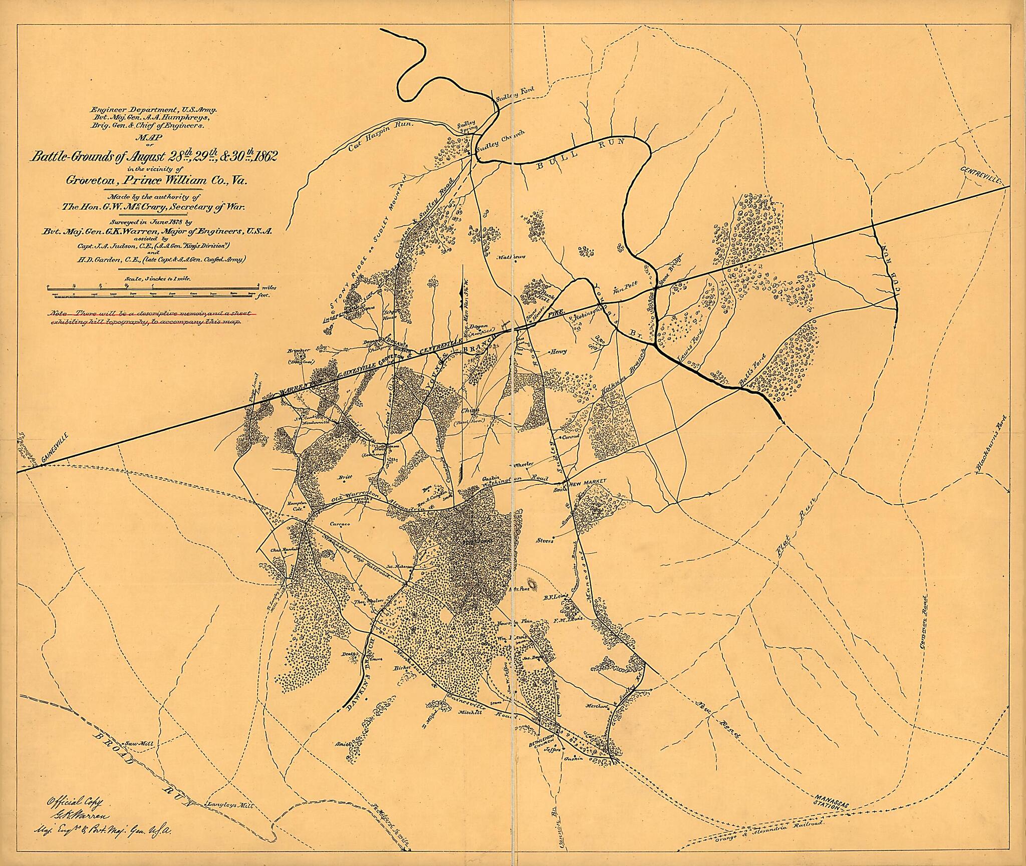 This old map of Grounds of August 28th, 29th, & 30th 1862 In the Vicinity of Groveton, Prince William County, Va from 1878 was created by H. D. Garden, J. A. (John Andrew) Judson, G. K. (Gouverneur Kemble) Warren in 1878
