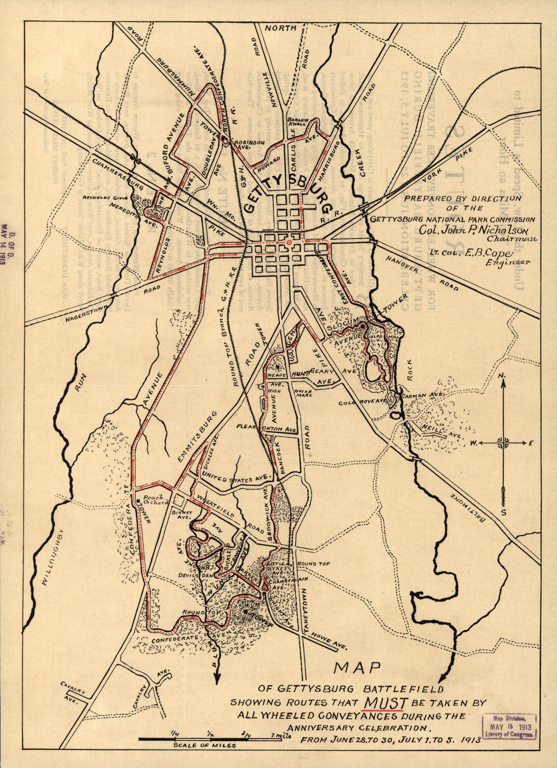 This old map of Map of Gettysburg Battlefield Showing Routes That Must Be Taken by All Wheeled Conveyances During the Anniversary Celebration, from June 28 to June 30, July 1 to 5, from 1913 was created by Gettysburg National Military Park Commission in