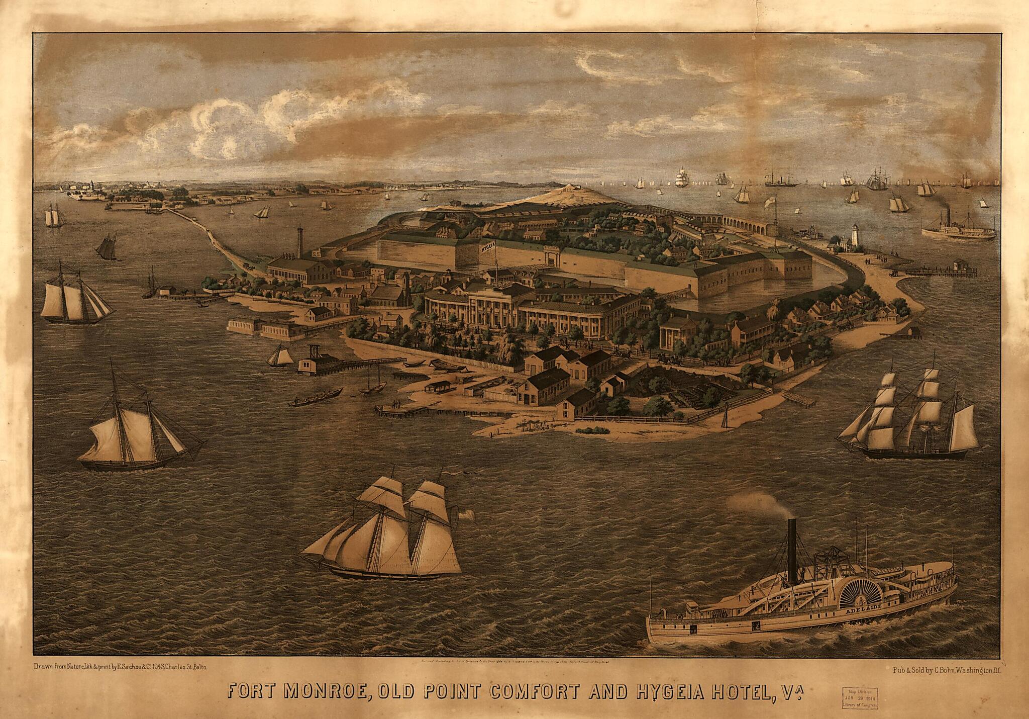 This old map of Fort Monroe, Old Point Comfort and Hygeia Hotel, Va from 1861 was created by E. Sachse & Co in 1861