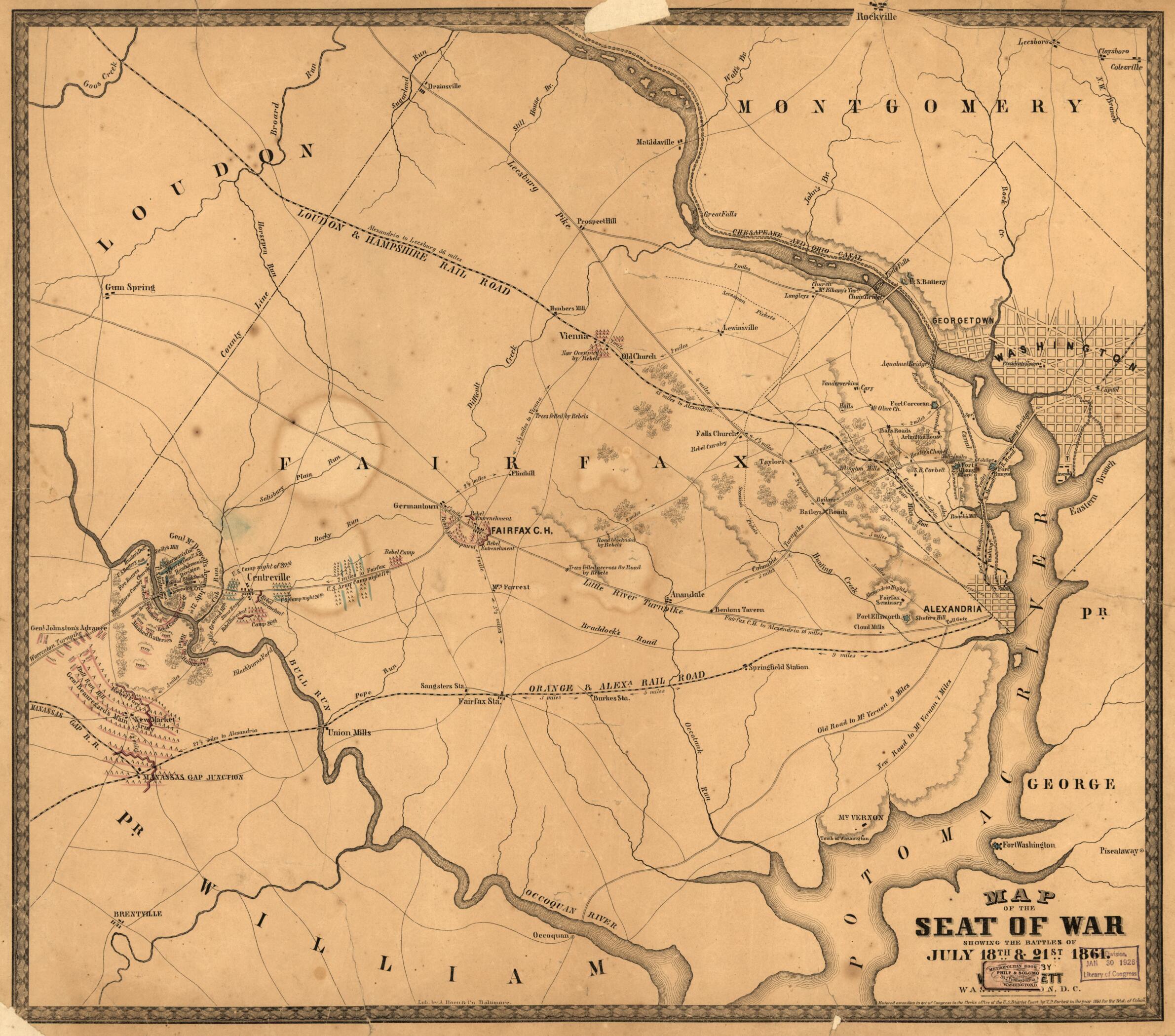This old map of Map of the Seat of War Showing the Battles of July 18th & 21st from 1861 was created by V. P. Corbett in 1861