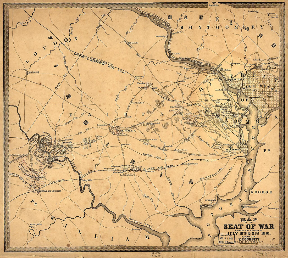 This old map of Map of the Seat of War Showing the Battles of July 18th & 21st from 1861 was created by V. P. Corbett in 1861