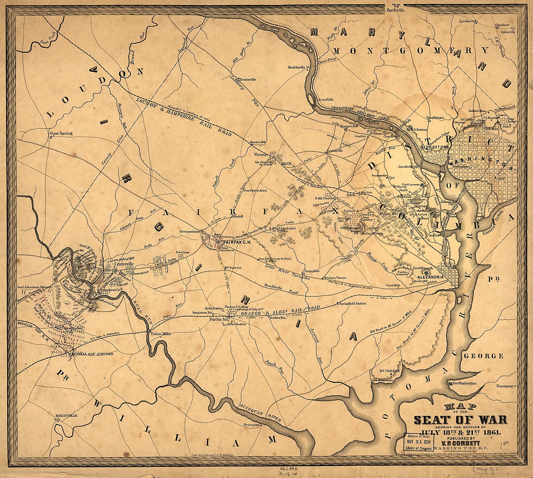 This old map of Map of the Seat of War Showing the Battles of July 18th & 21st from 1861 was created by V. P. Corbett in 1861