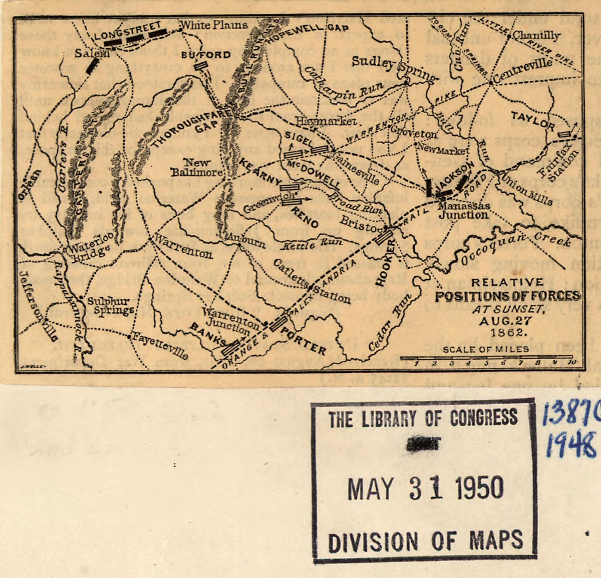 This old map of Relative Positions of Forces at Sunset, Aug. 27, 1862. 2nd Manassas Campaign from 1886 was created by Jacob Wells in 1886