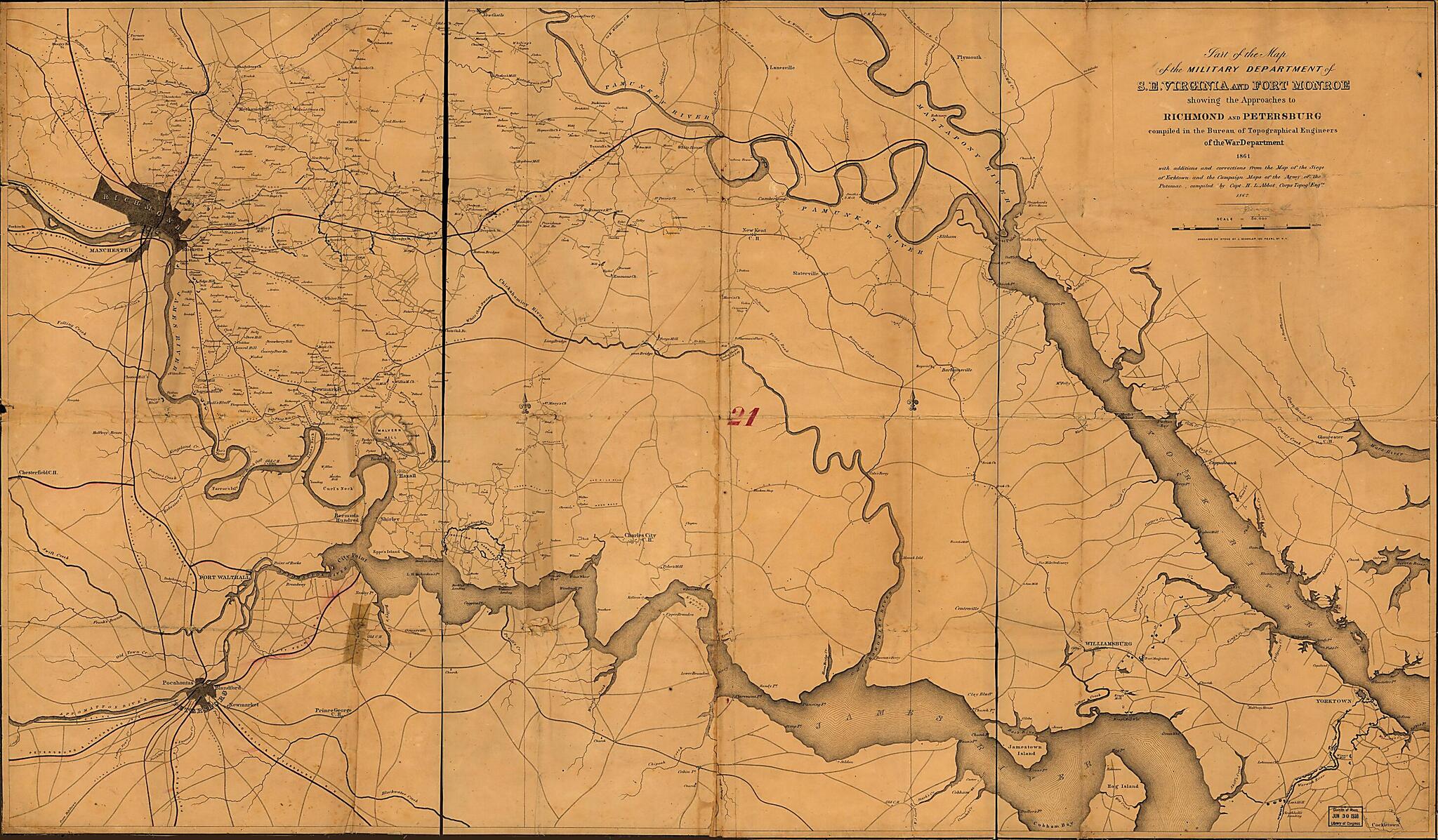 This old map of Part of the Map of the Military Department of S.E. Virginia and Fort Monroe, Showing the Approaches to Richmond and Petersburg from 1862 was created by United States. Army. Corps of Engineers in 1862
