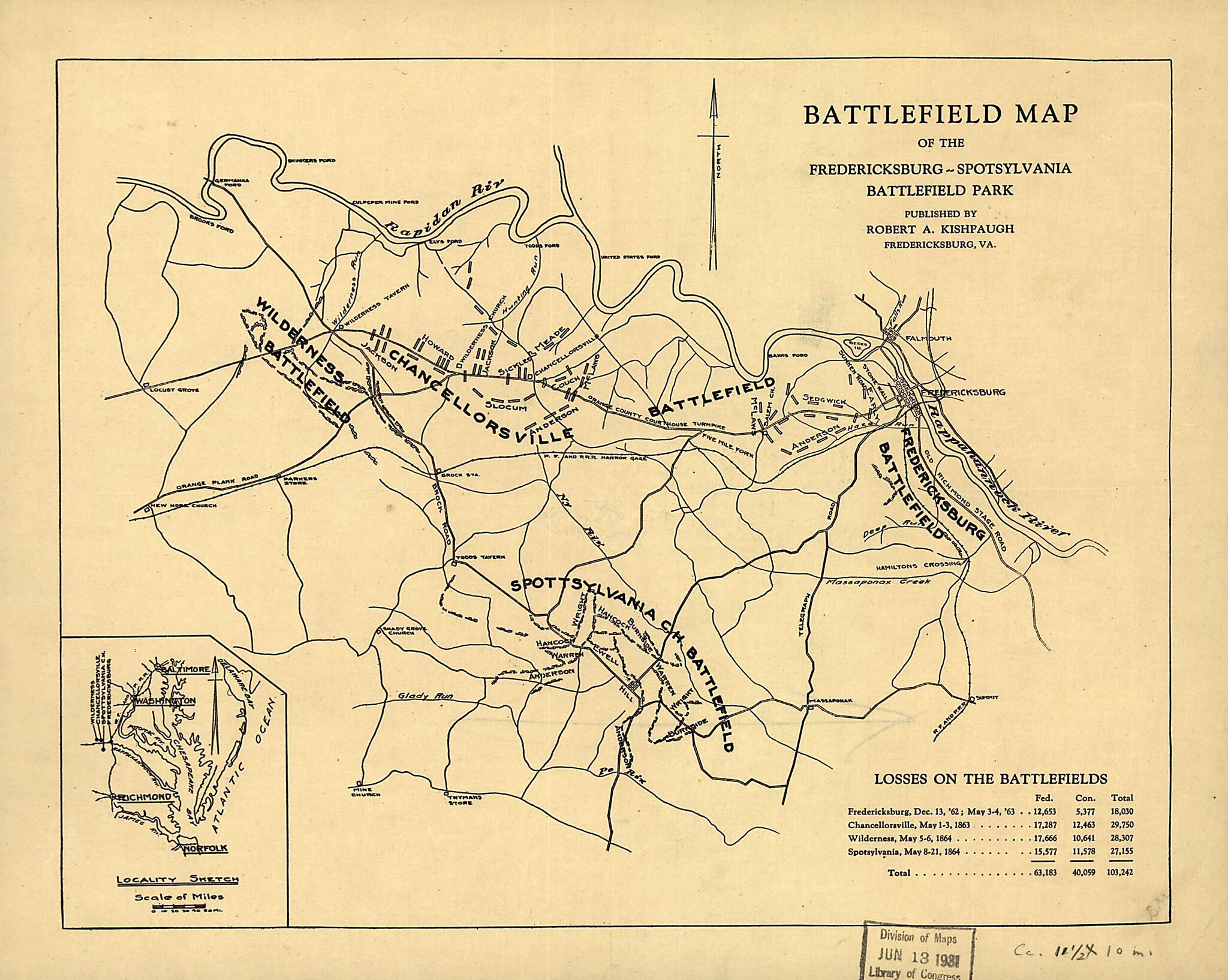 This old map of Spotsylvania Battlefield Park from 1900 was created by Robert A. Kishpaugh in 1900