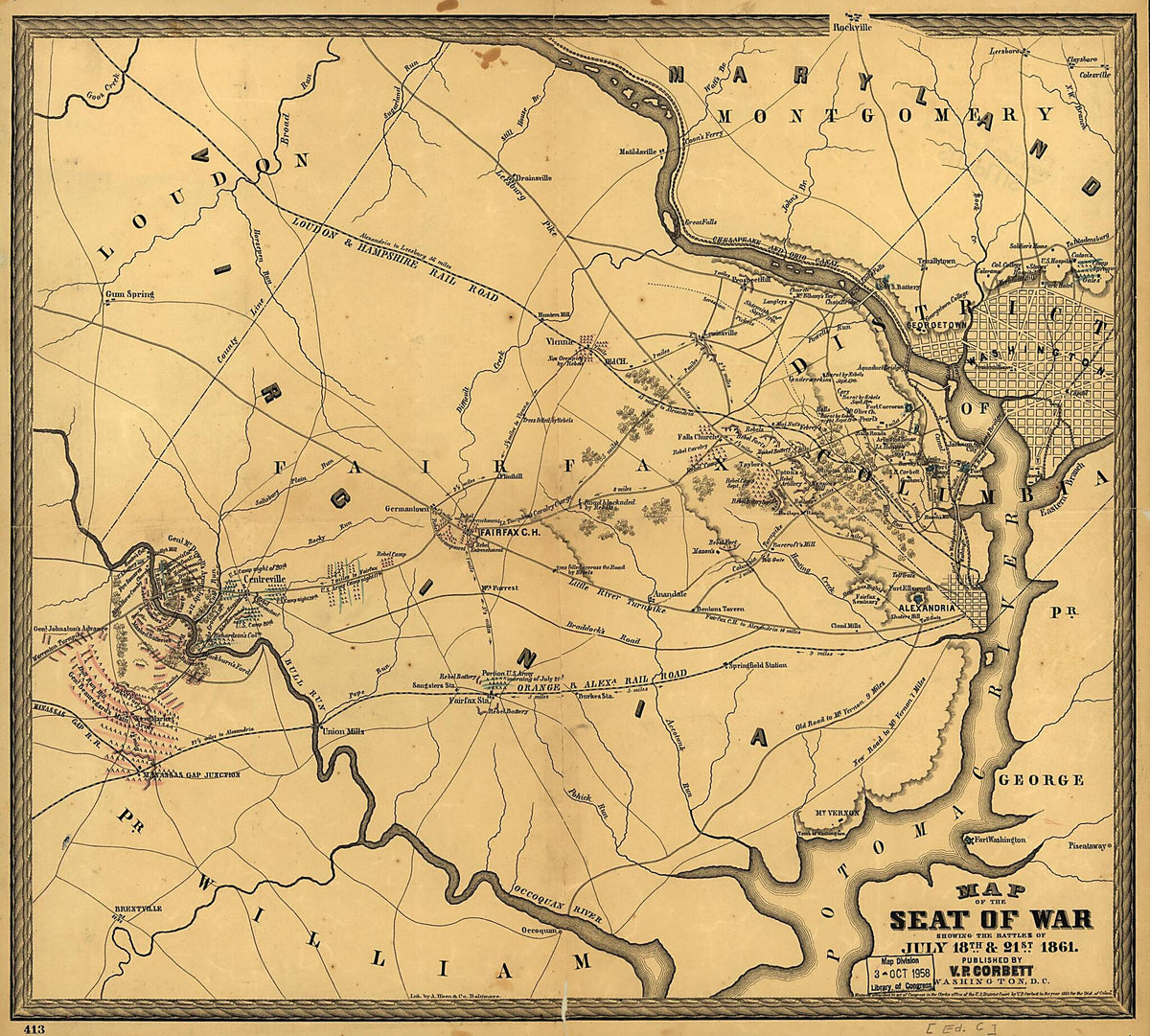 Map of the Seat of War Showing the Battles of July 18th & 21st 1861 by Relic Map Company
