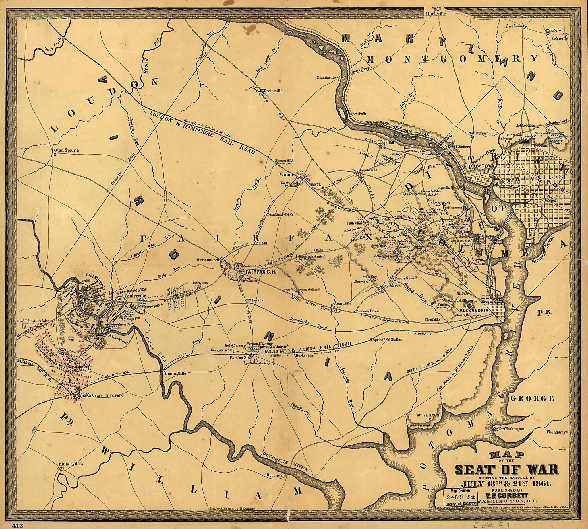 This old map of Map of the Seat of War Showing the Battles of July 18th & 21st from 1861 was created by V. P. Corbett in 1861
