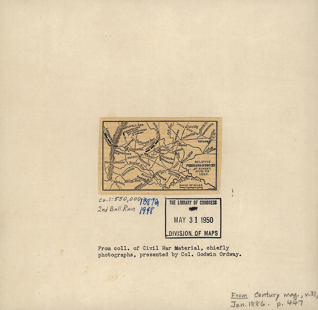 This old map of Relative Positions of Forces at Sunset, Aug. 28, 1862. 2nd Manassas Campaign from 1886 was created by Jacob Wells in 1886