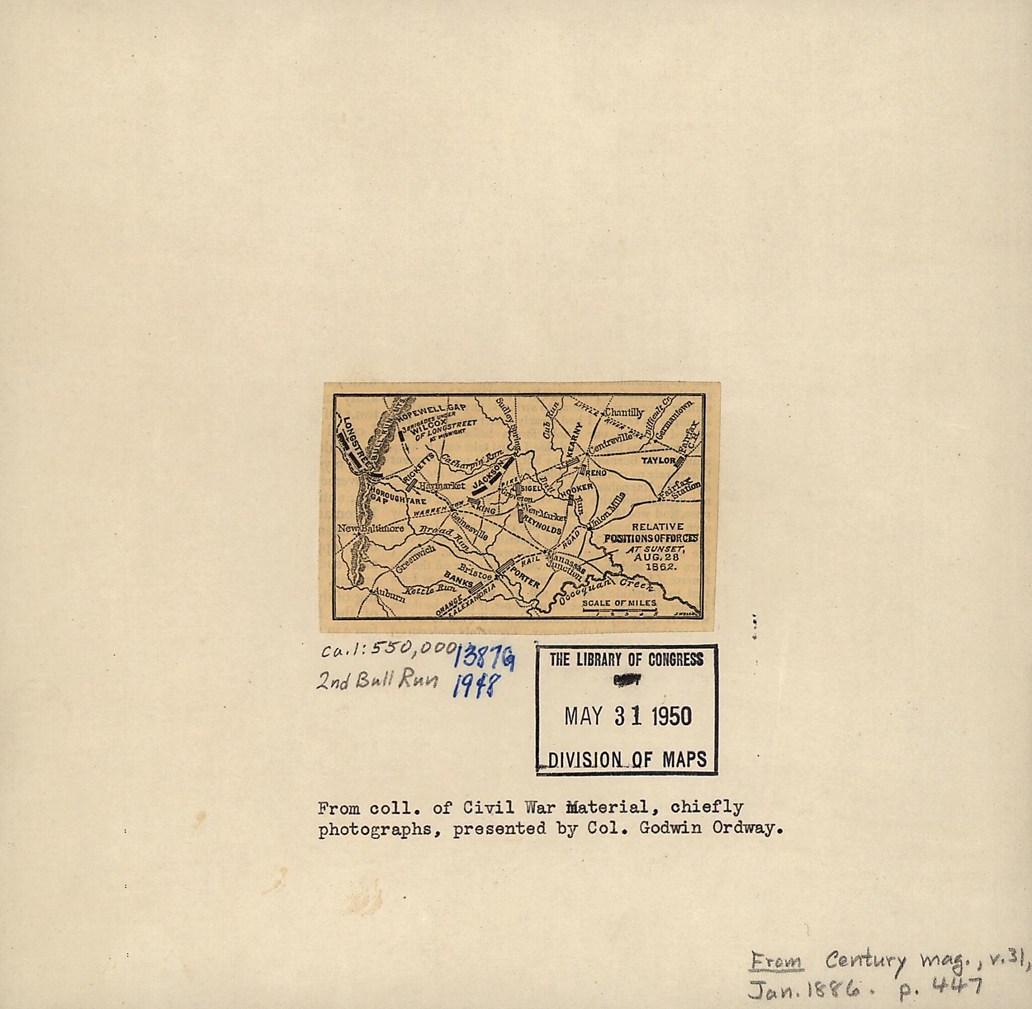 This old map of Relative Positions of Forces at Sunset, Aug. 28, 1862. 2nd Manassas Campaign from 1886 was created by Jacob Wells in 1886