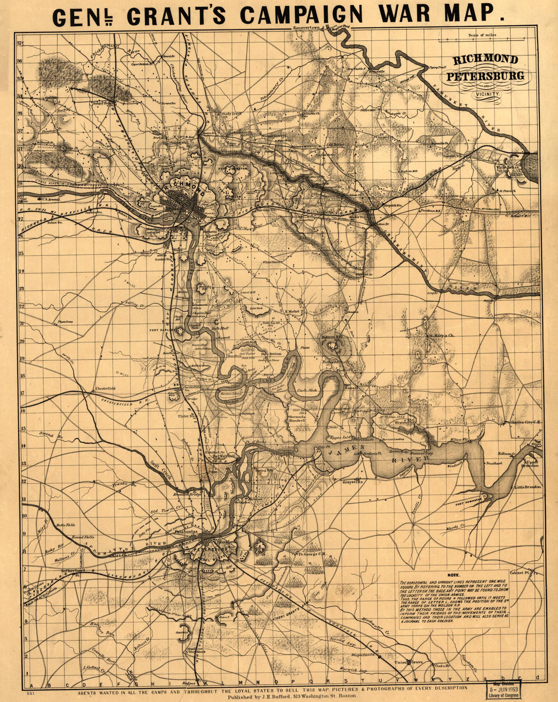This old map of Richmond, Petersburg, and Vicinity from 1864 was created by J.H. Bufford & Co in 1864
