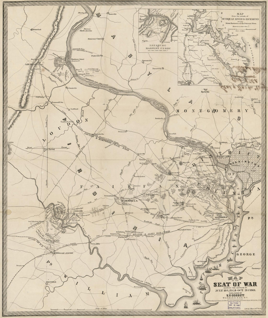 This old map of Map of the Seat of War Showing the Battles of July 18th, 21st & Oct. 21st from 1861 was created by V. P. Corbett, Millard Fillmore in 1861