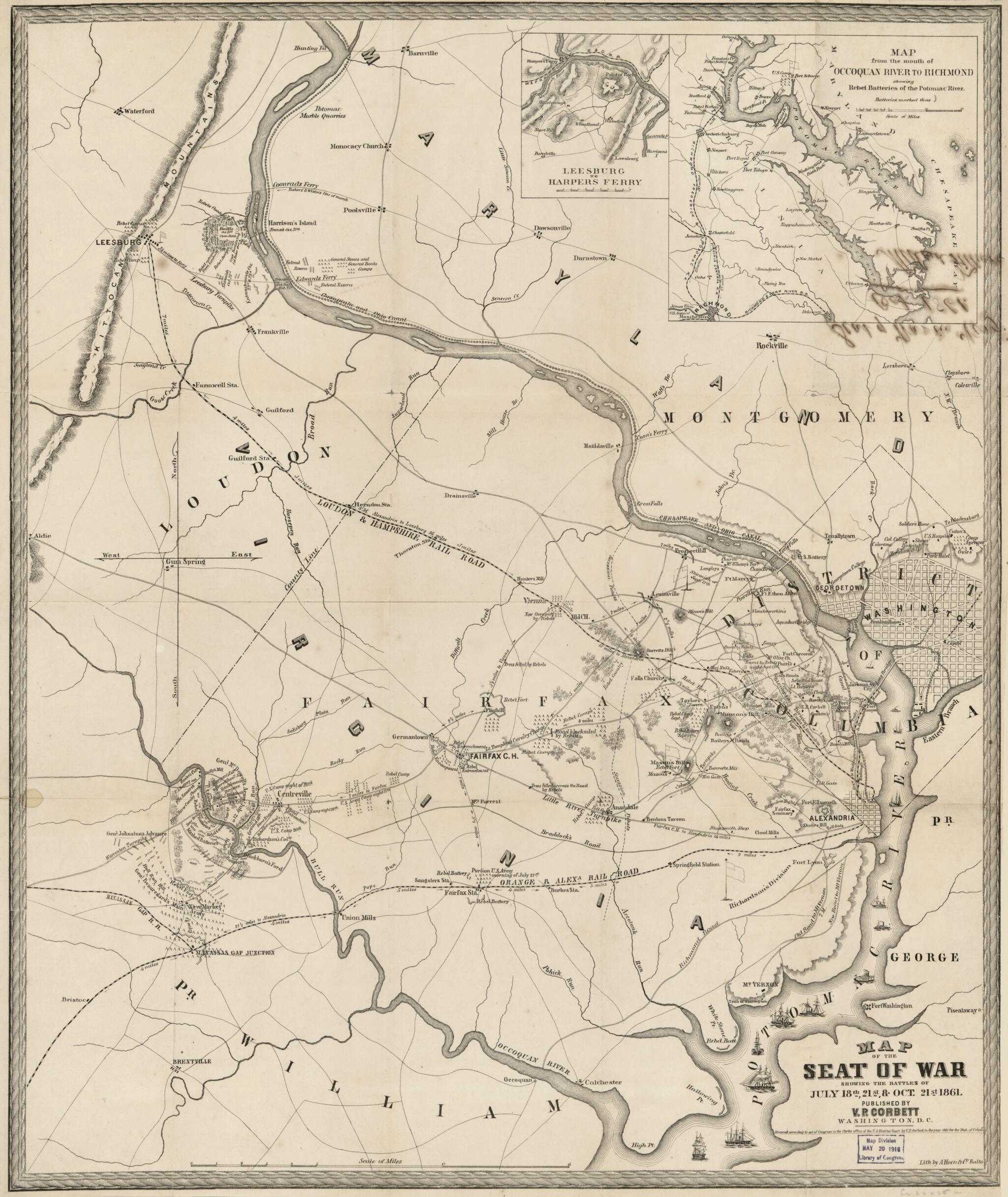 This old map of Map of the Seat of War Showing the Battles of July 18th, 21st & Oct. 21st from 1861 was created by V. P. Corbett, Millard Fillmore in 1861
