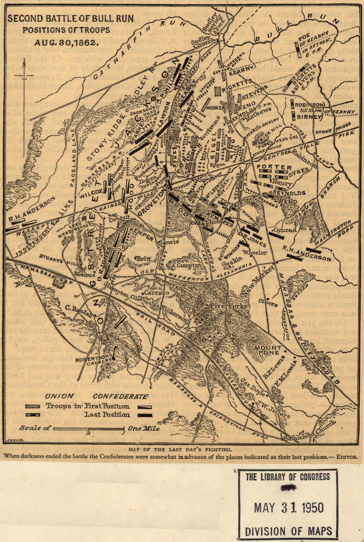 Second Battle of Bull Run. Positions of Troops Aug. 30, 1862 1886 by Relic Map Company