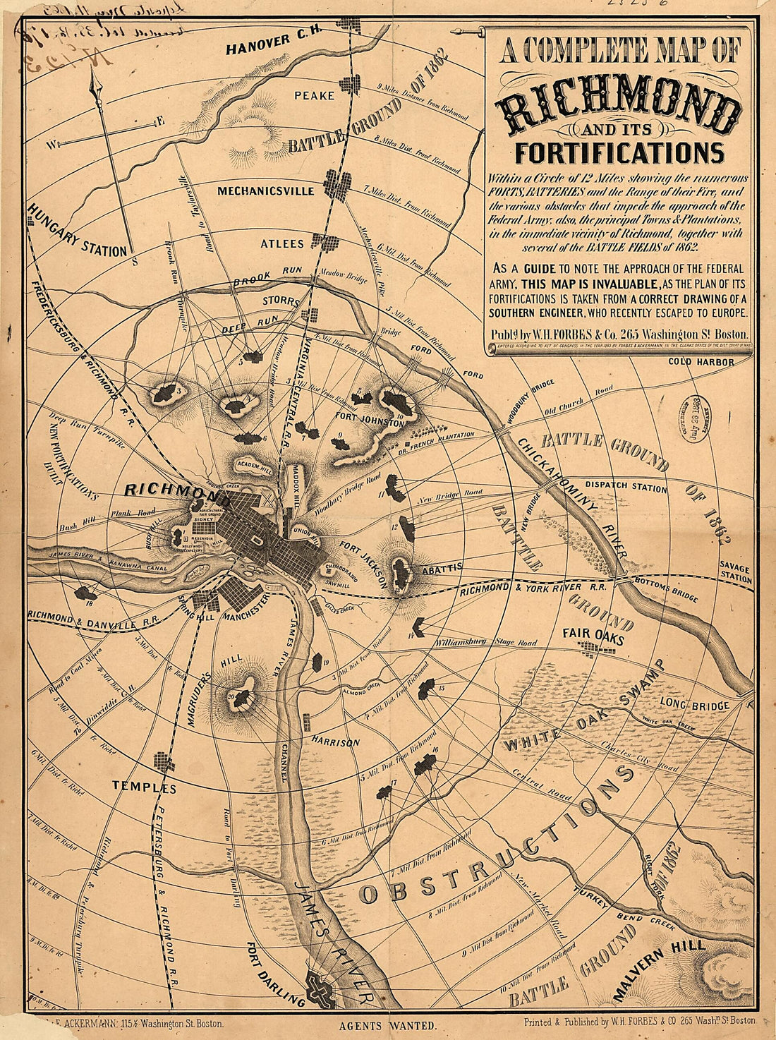 This old map of A Complete Map of Richmond and Its Fortifications Within a Circle of 12 Miles Showing the Numerous Forts, Batteries and the Range of Their Fire, and the Various Obstacles That Impede the Approach of the Federal Army, Also, the Principal T