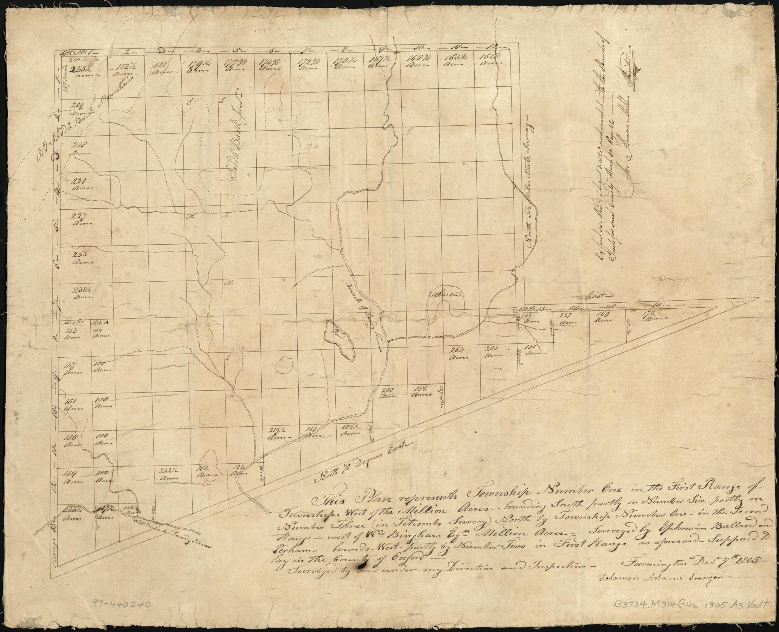 This old map of Plan of Township No. 1, North of Phillips from 1805 was created by Solomon Adams in 1805