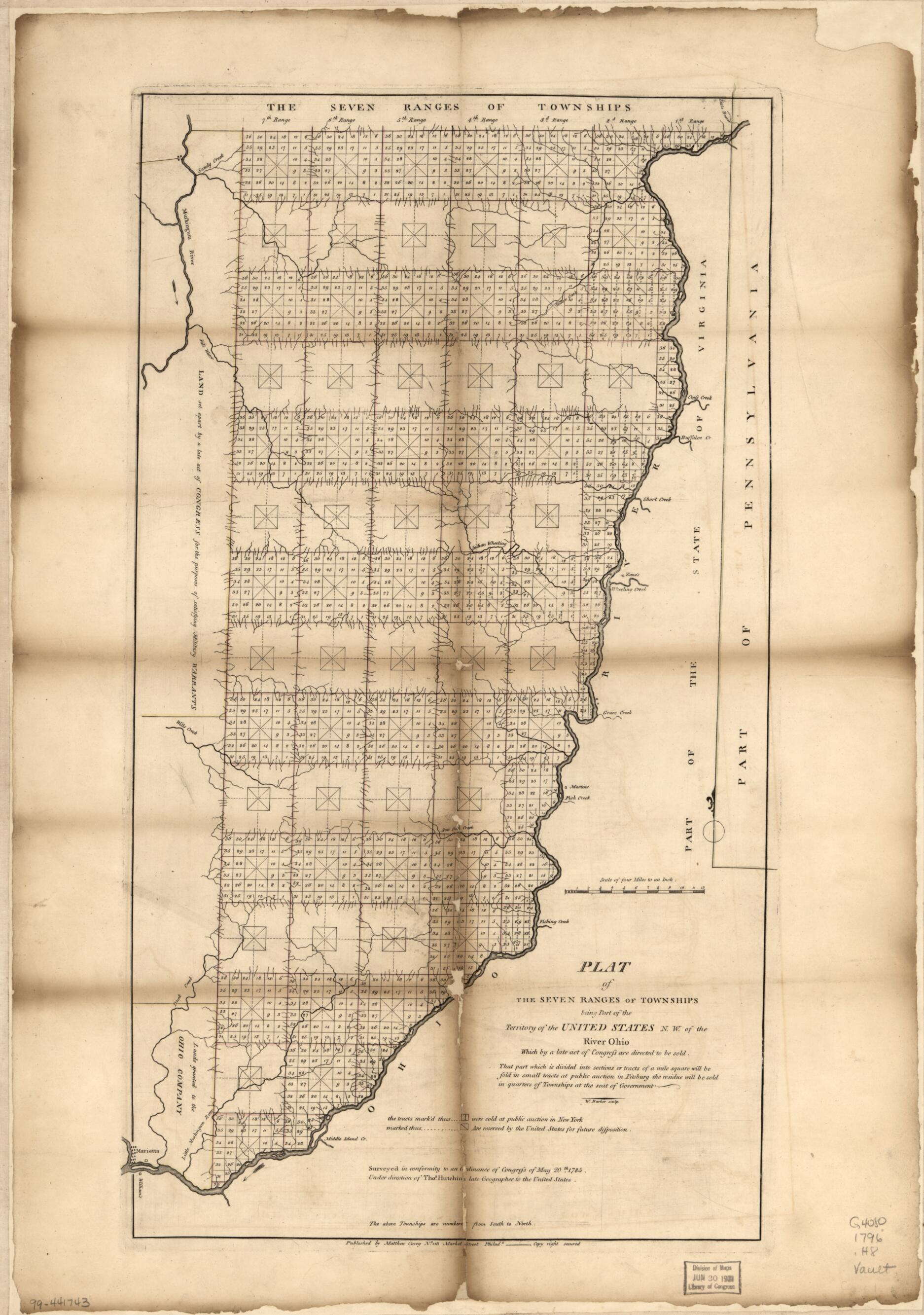 This old map of Plat of the Seven Ranges of Townships Being Part of the Territory of the United States, N.W. of the River Ohio from 1796 was created by W. (William) Barker, Mathew Carey, Thomas Hutchins in 1796