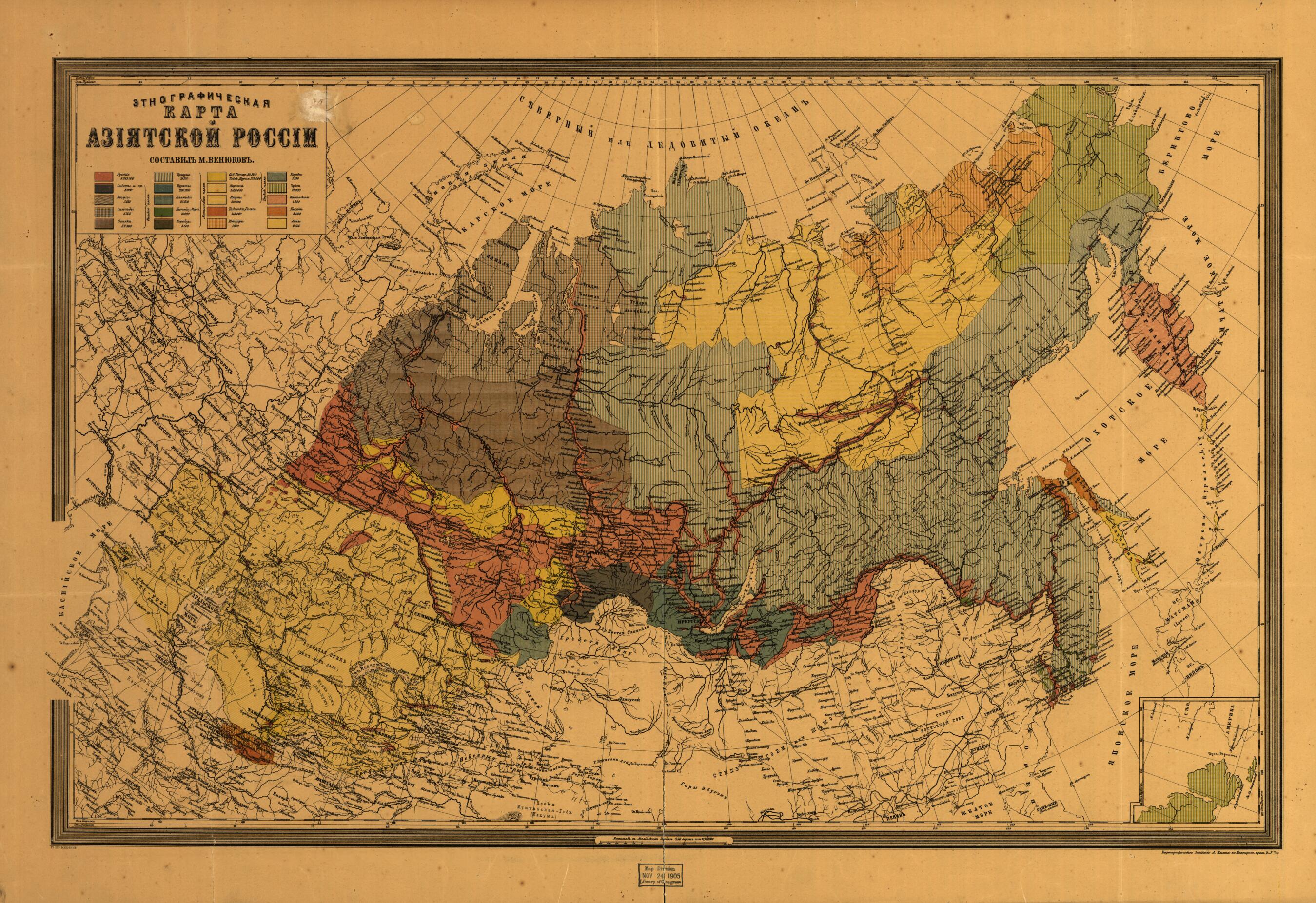 This old map of Ėtnograficheskai︠a︡ Karta Azīi︠a︡tskoĭ Rossīi from 1870 was created by Kartograficheskoe Zavedenīe A. Ilʹina, M. (Mikhail) Veni︠u︡kov in 1870