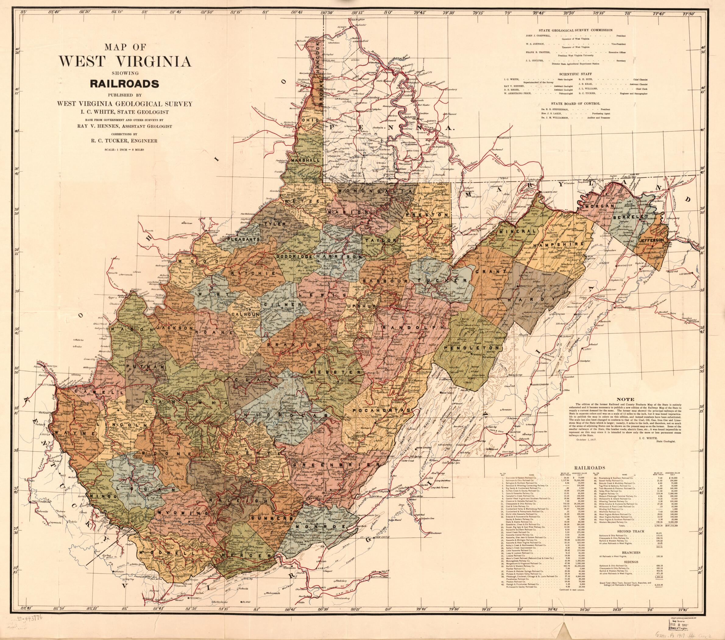 This old map of Map of West Virginia Showing Railroads from 1917 was created by Ray V. (Ray Vernon) Hennen, R. C. (Rietz Courtney) Tucker, West Virginia Geological and Economic Survey, I. C. (Israel Charles) White in 1917