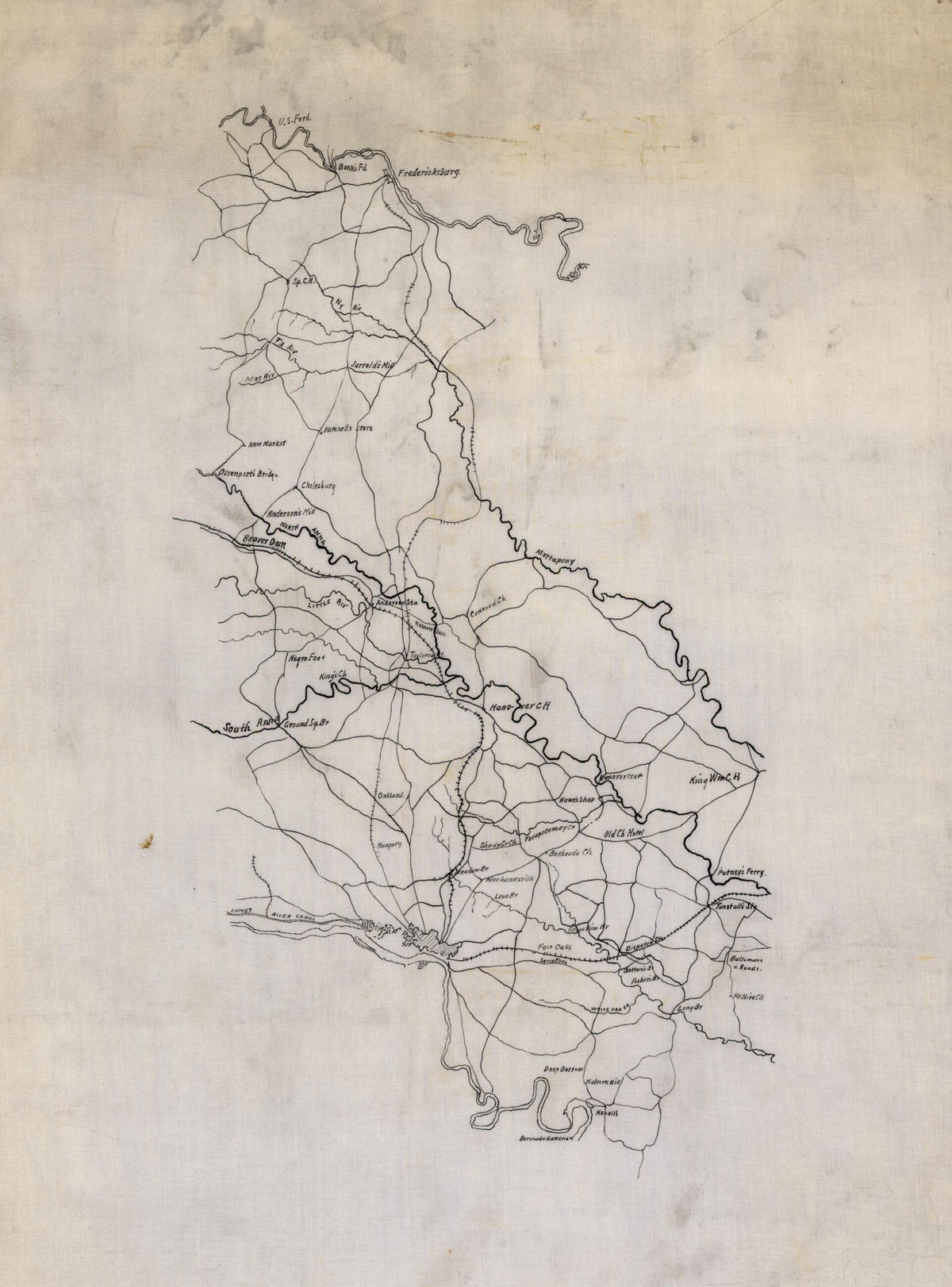 Map of Country Between Fredericksburg and Richmond, Virginia, Showing Roads, Railroads, and Some Place Names 1861 by Relic Map Company