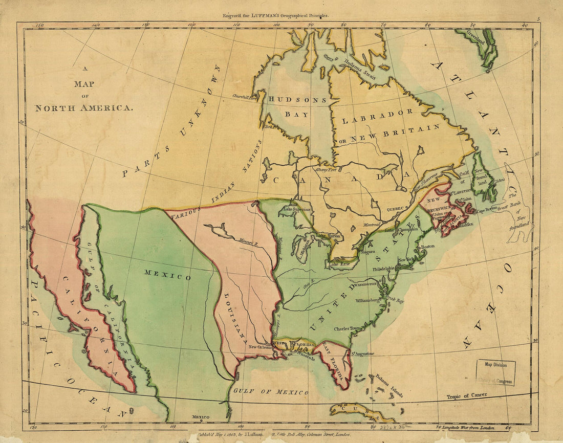 This old map of A Map of North America ; Outline of North America, In Correspond to the Map from 1803 was created by J. (John) Luffman in 1803