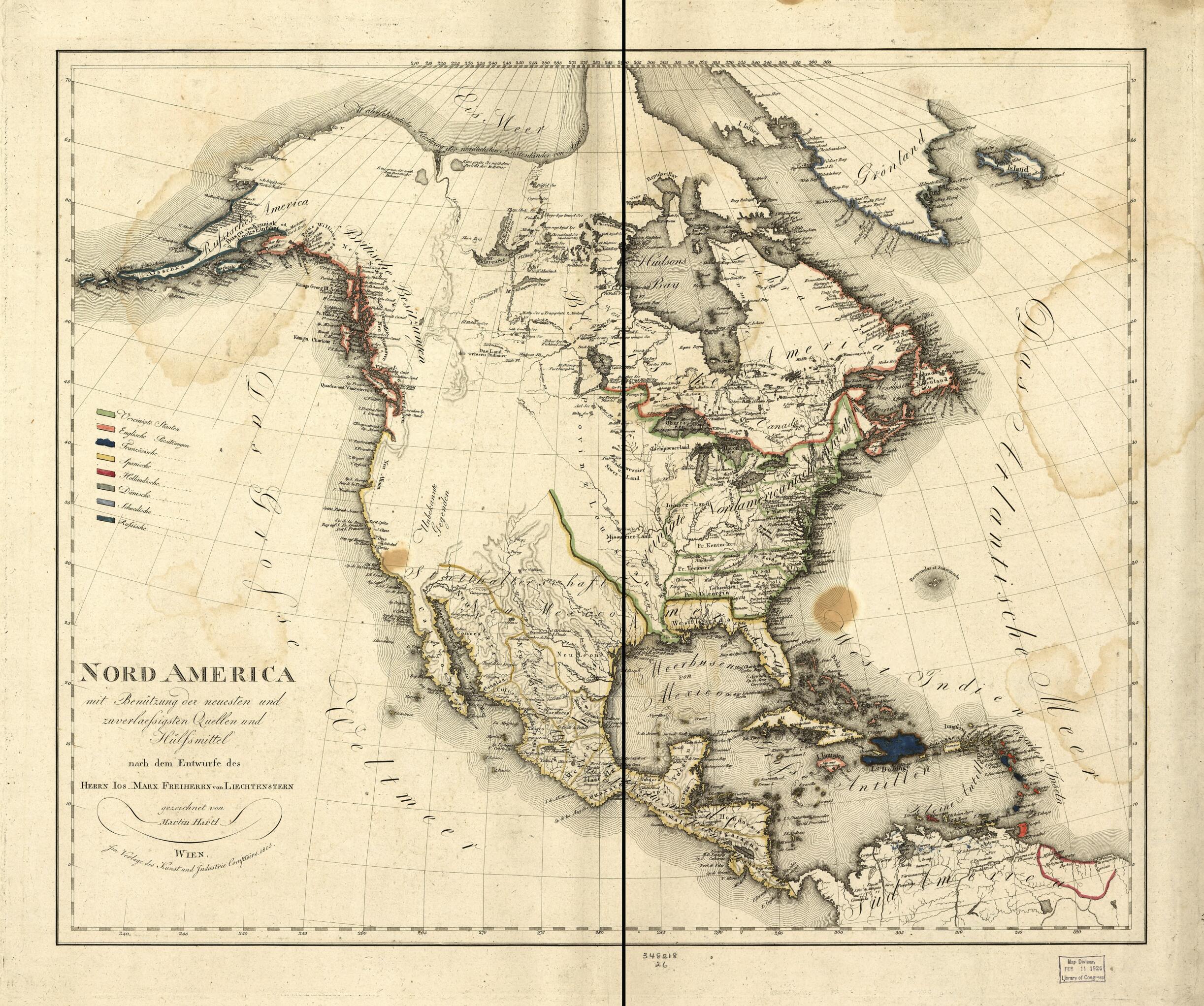 This old map of Nord America Mit Benützung Der Neuesten and Zuverlaessigsten Quellen Und Hülfsmittel from 1805 was created by Joseph M. Liechtenstern in 1805
