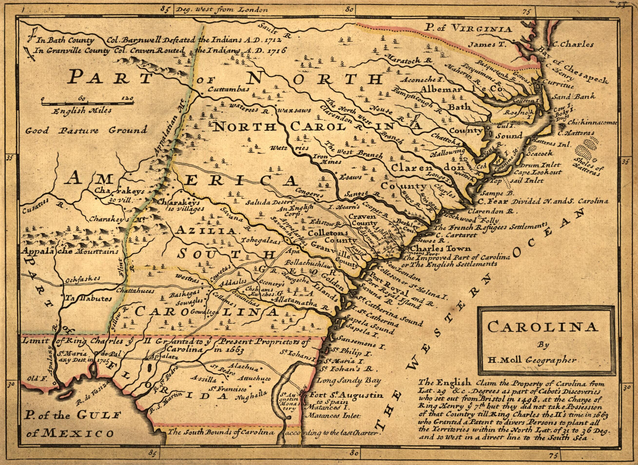 This old map of Carolina from 1732 was created by Herman Moll in 1732