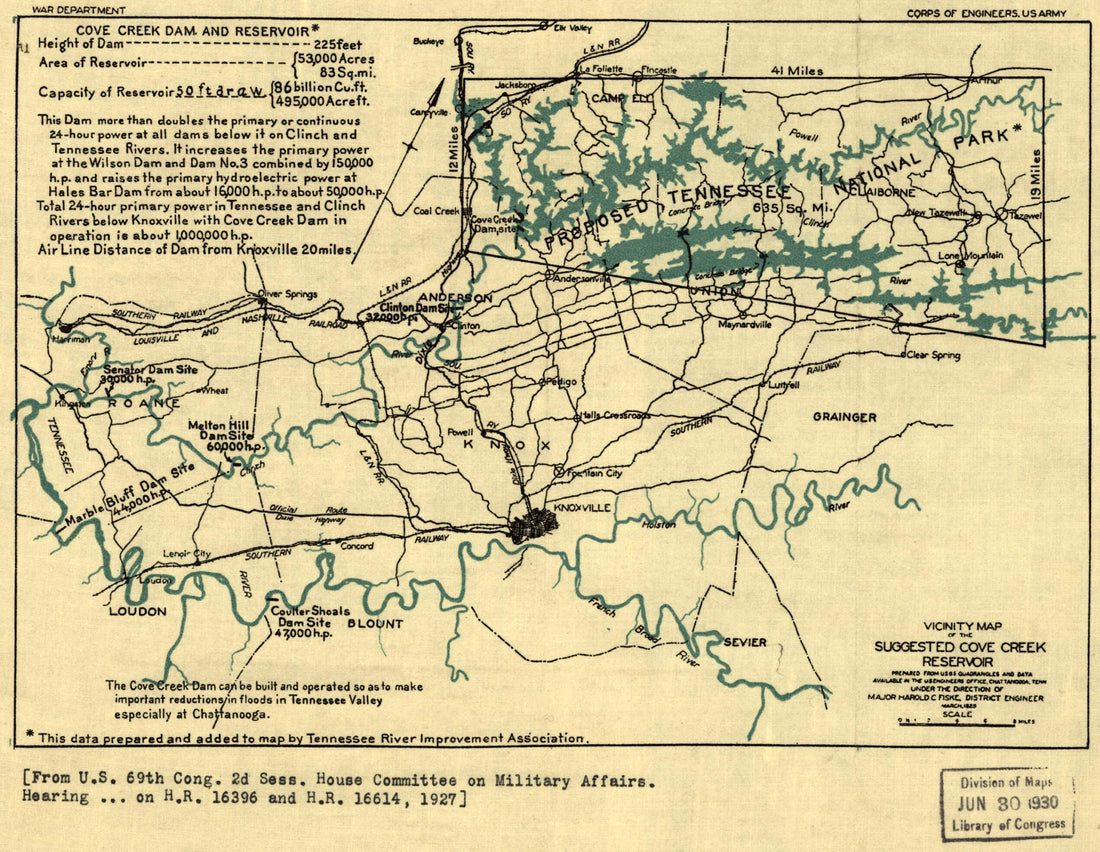 This old map of Vicinity Map of the Suggested Cove Creek Reservoir from 1925 was created by Harold C. Fiske, United States. War Department. Corps of Engineers in 1925