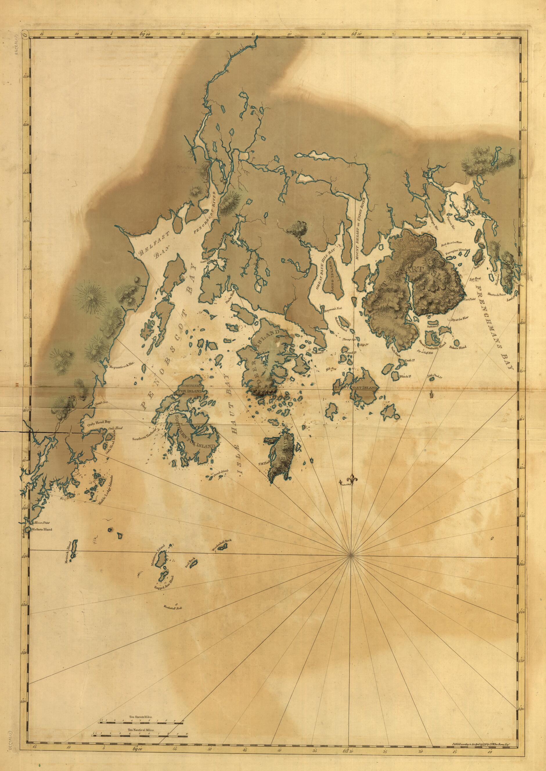 This old map of Coast of Maine from Frenchmans Bay to Mosquito Harbor from 1776 was created by Joseph F. W. (Joseph Frederick Wallet) Des Barres in 1776
