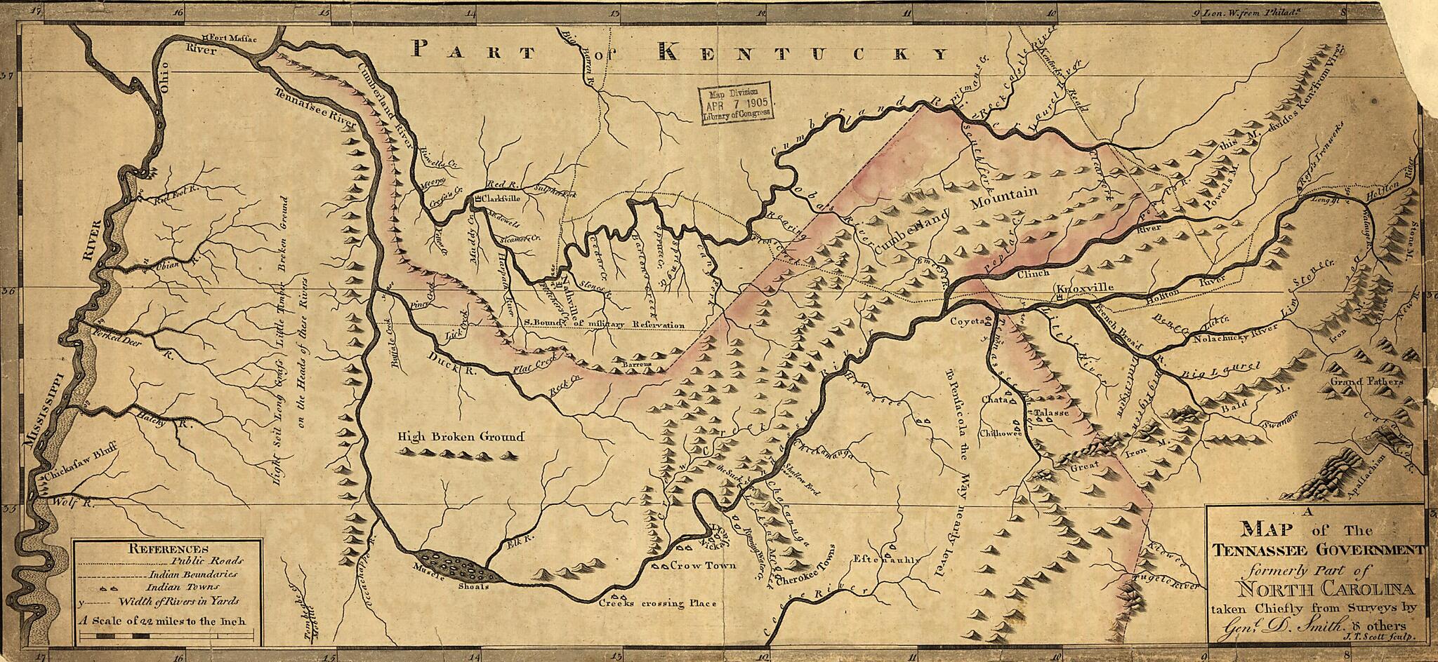 This old map of A Map of the Tennessee Government, Formerly Part of North Carolina from 1795 was created by John Reid in 1795