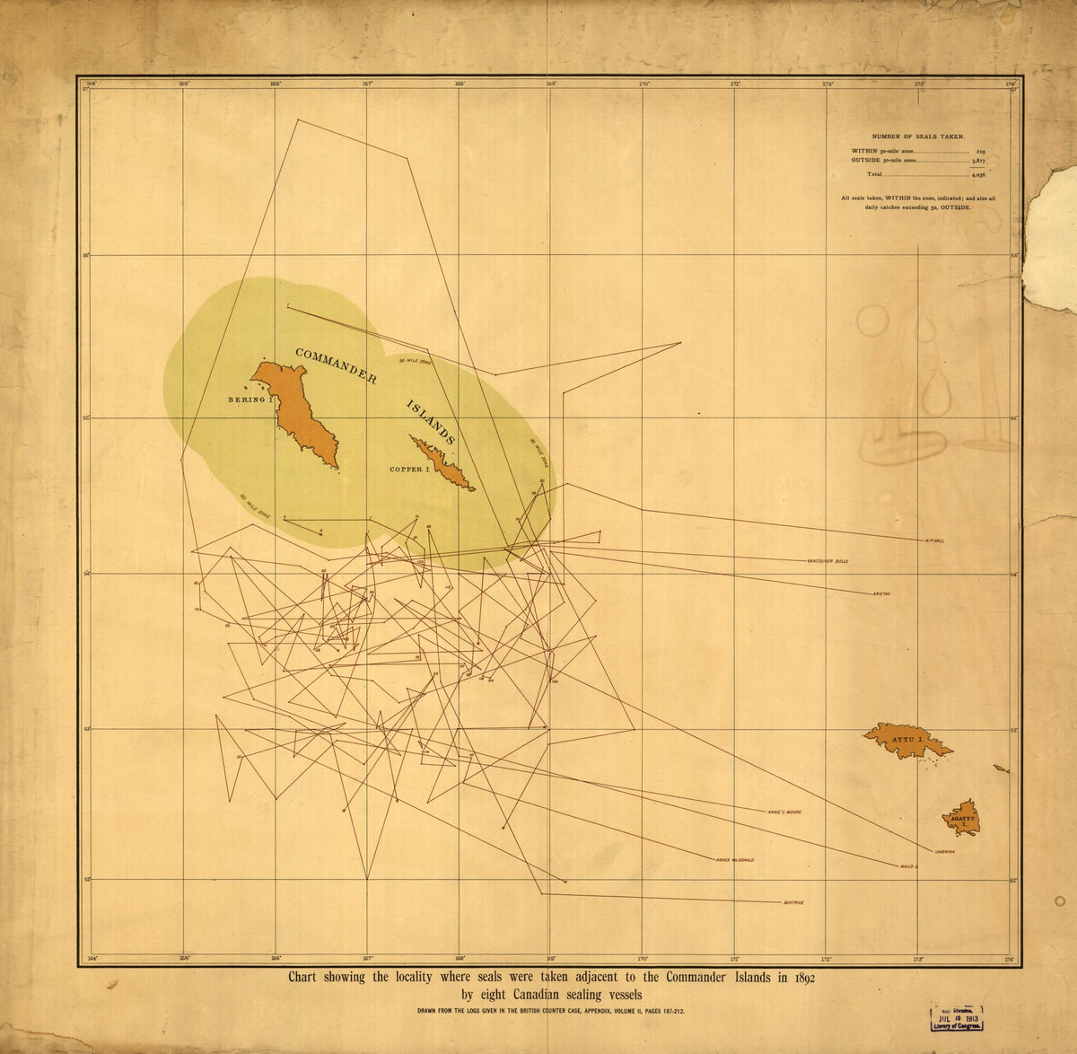 Chart Showing the Locality Where Seals Were Taken Adjacent to the Commander Islands In 1892 by Eight Canadian Sealing Vessels by Relic Map Company