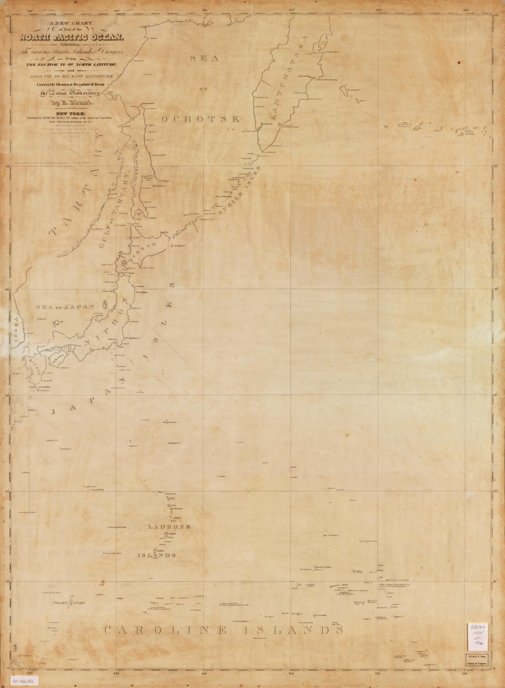 This old map of A New Chart of Part of the North Pacific Ocean Exhibiting the Various Straits Islands and Dangers from 1824 was created by E. Blunt in 1824