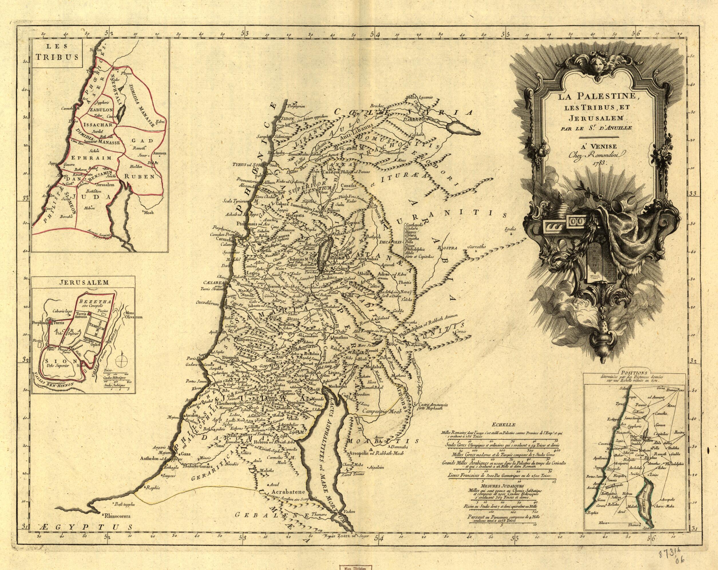 This old map of La Palestine, Les Tribus, Et Jerusalem. (Tribus, Jerusalem) from 1783 was created by Jean Baptiste Bourguignon D Anville, Remondini (Firm), P. Santini in 1783