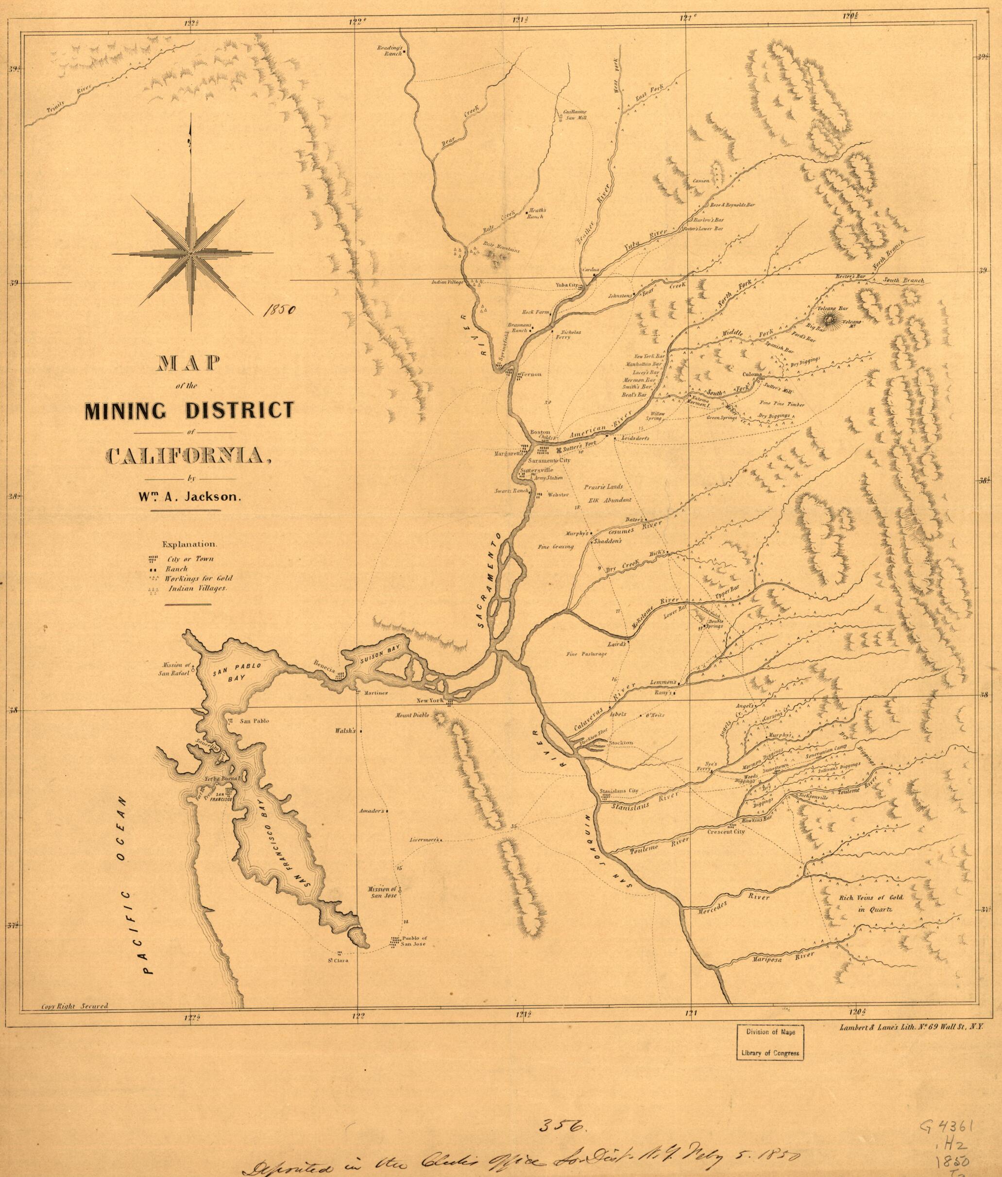 This old map of Map of the Mining District of California from 1850 was created by Wm. A. (William A.) Jackson, Lambert & Lane&