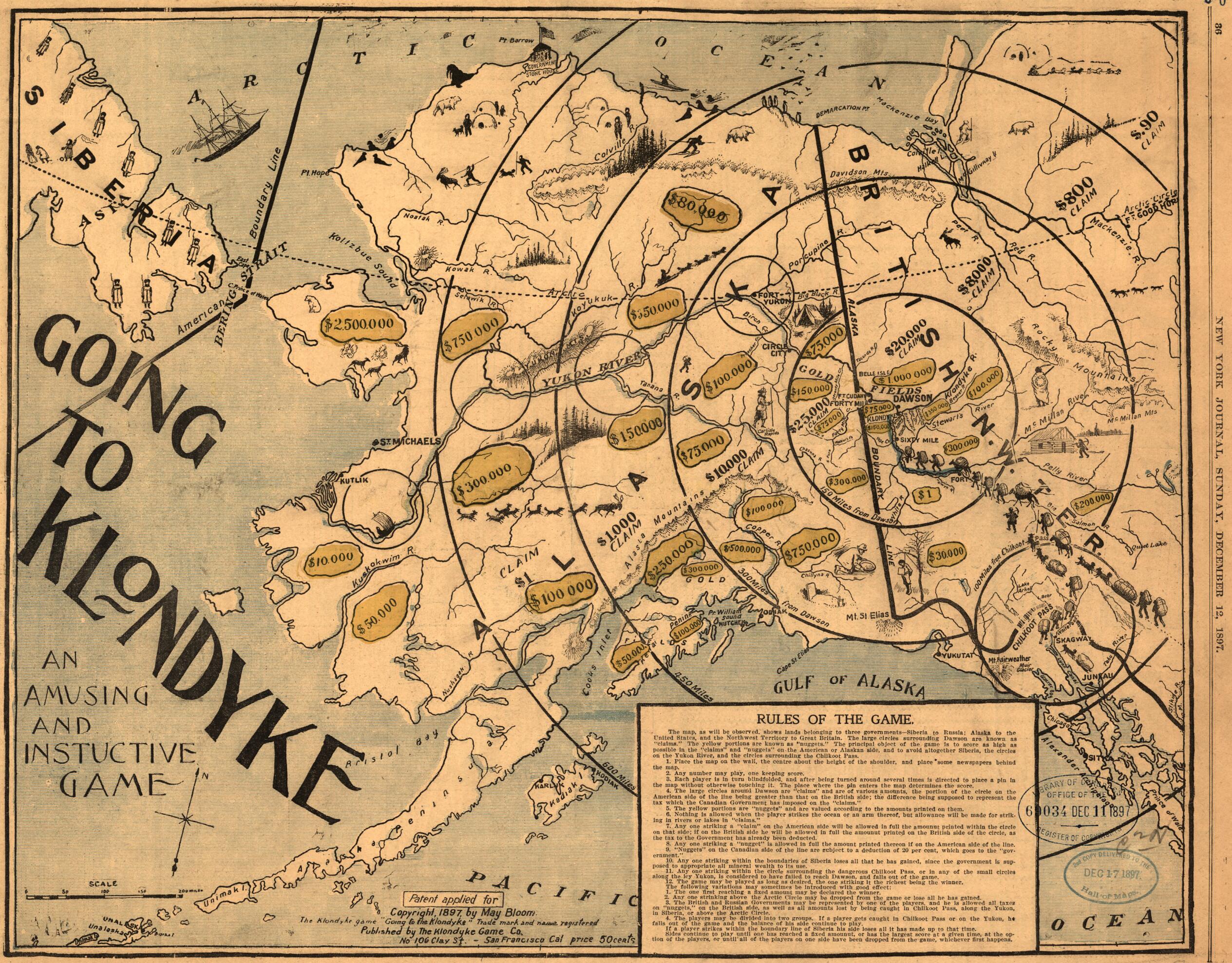 This old map of Going to Klondyke from 1897 was created by May Bloom, Klondyke Game Co in 1897