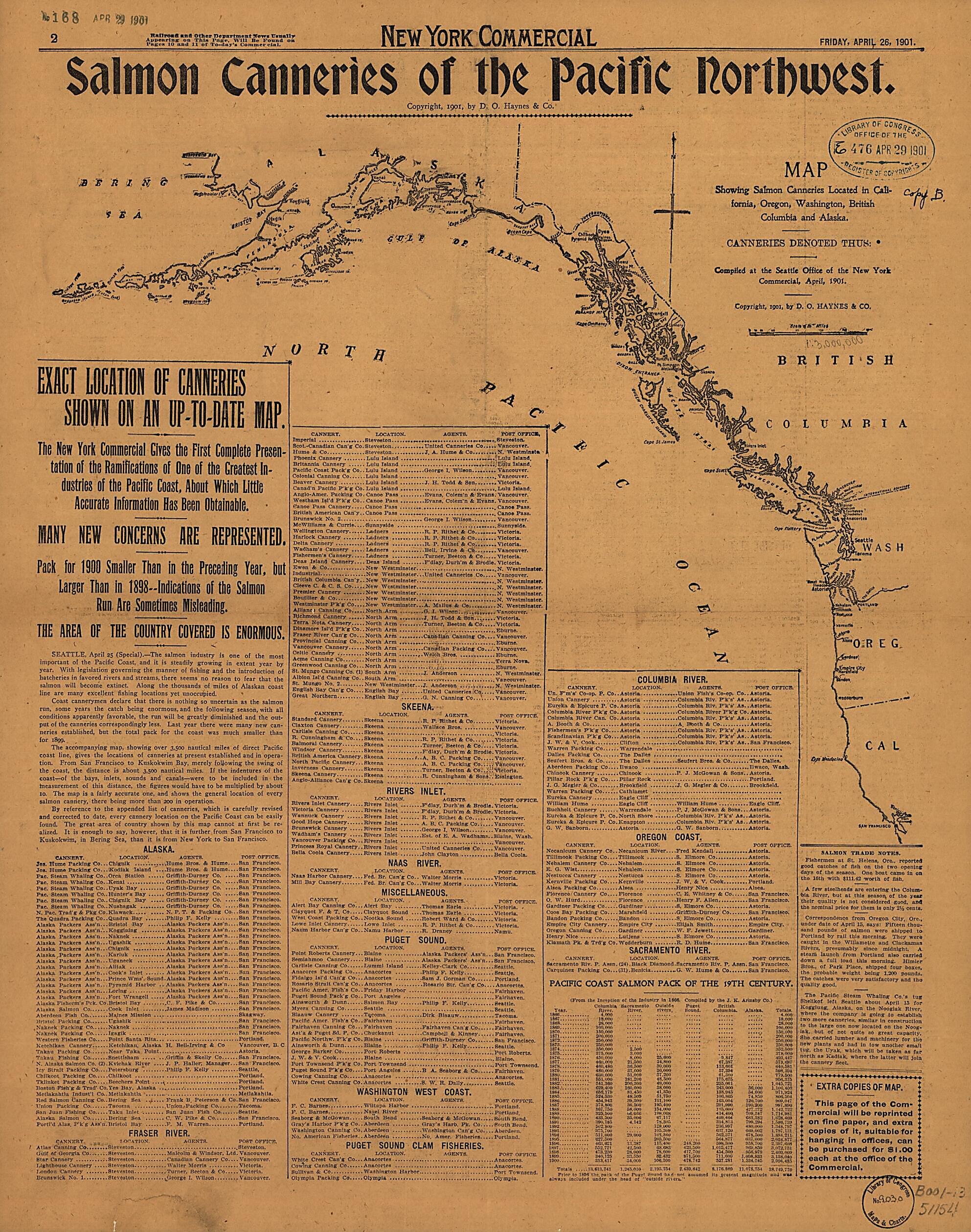 This old map of Salmon Canneries of the Pacific Northwest from 1901 was created by D. O. Haynes & Co in 1901