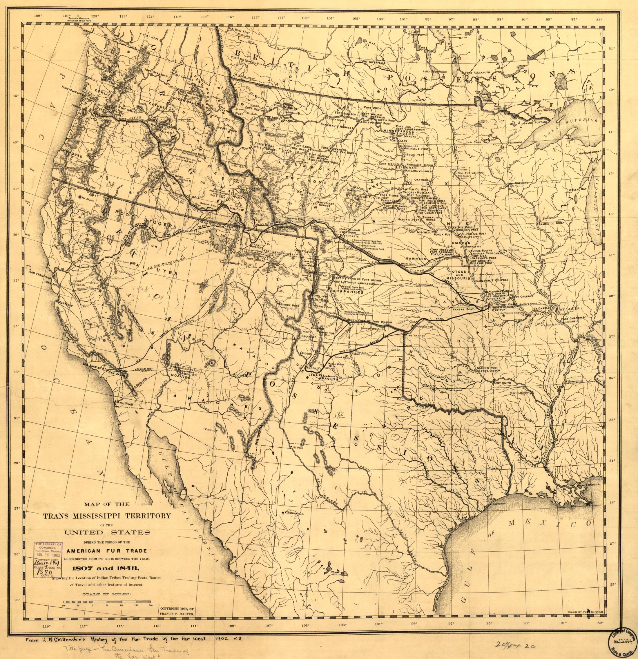 This old map of Mississippi of the United States During the Period of the American Fur Trade As Conducted from St. Louis Between the Years 1807 and 1843 from 1902 was created by Hiram Martin Chittenden in 1902